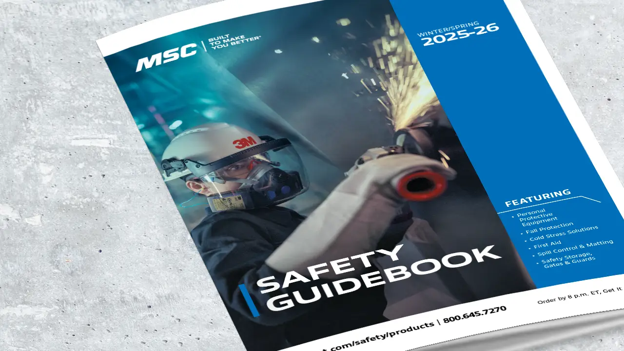 MSC Winter/Spring 2025-26 Safety Guidebook catalog cover featuring worker with safety equipment and grinding sparks