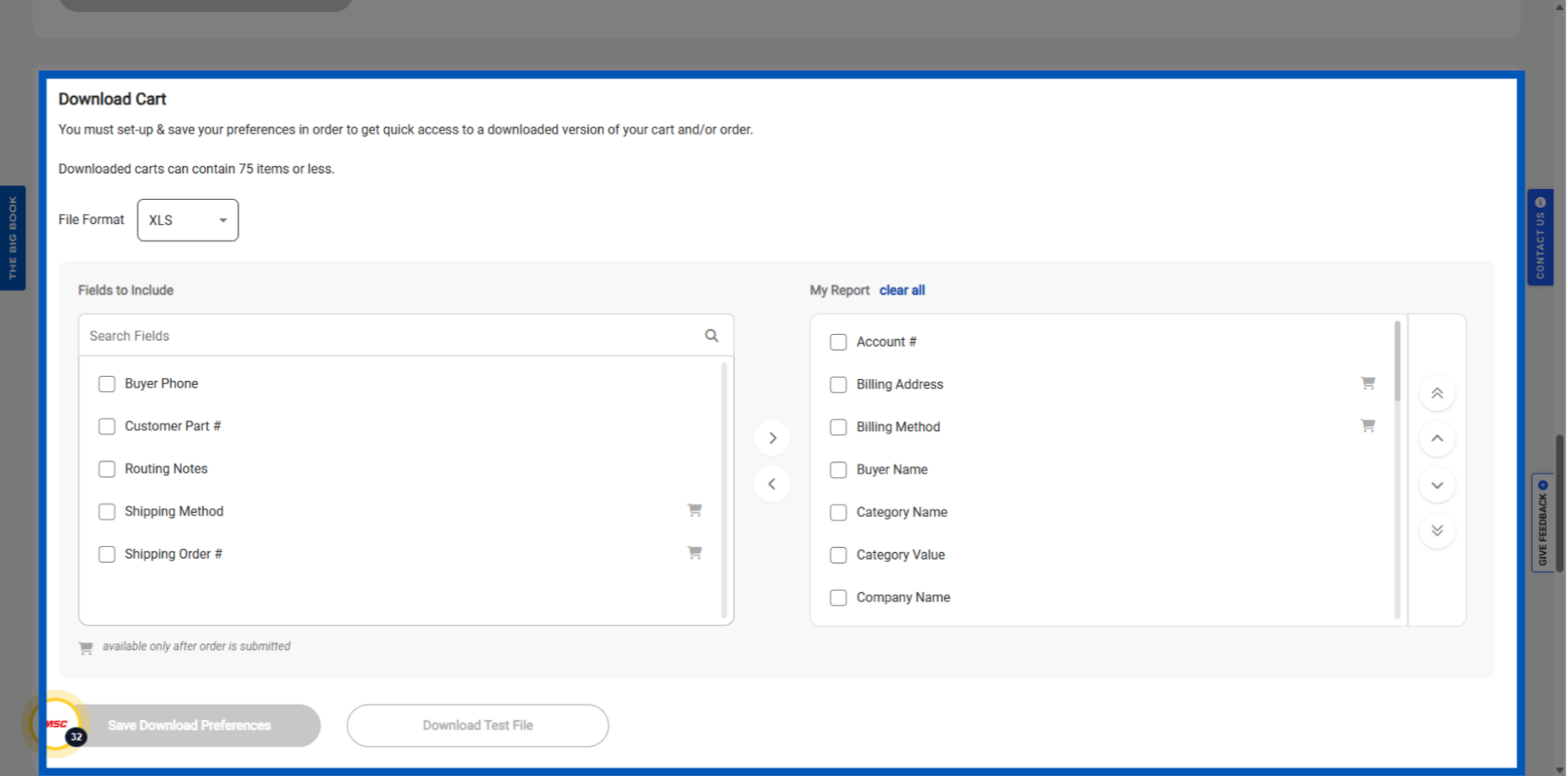 Download Cart interface showing file format selection and field options for customizing cart export preferences.