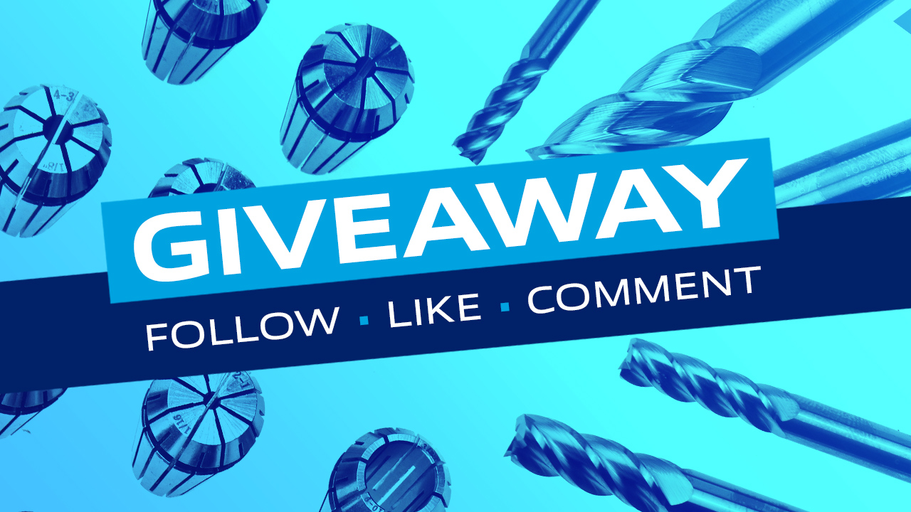 Giveaway promotion with drill bits and collets on bright blue background with Follow, Like, Comment text