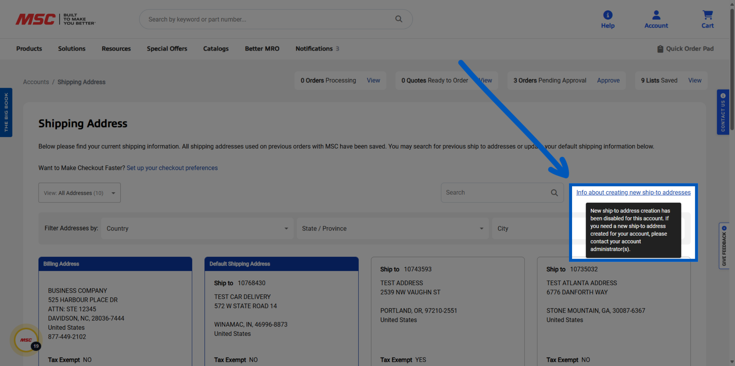 Blue arrow pointing to info box about creating new ship-to addresses on MSC Industrial Supply website.