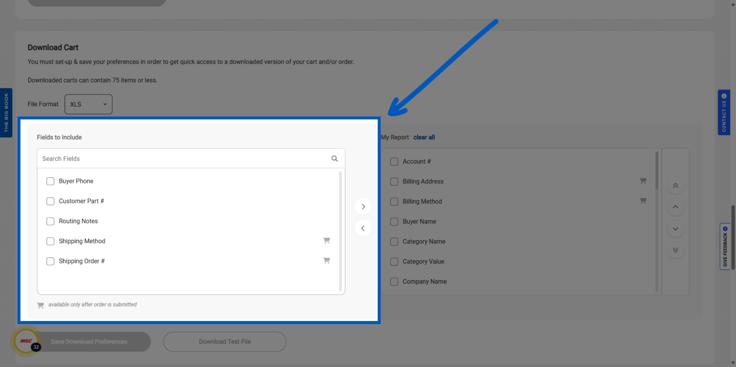 Blue arrow pointing to Fields to Include dialog box with checkboxes for cart download options on MSC website