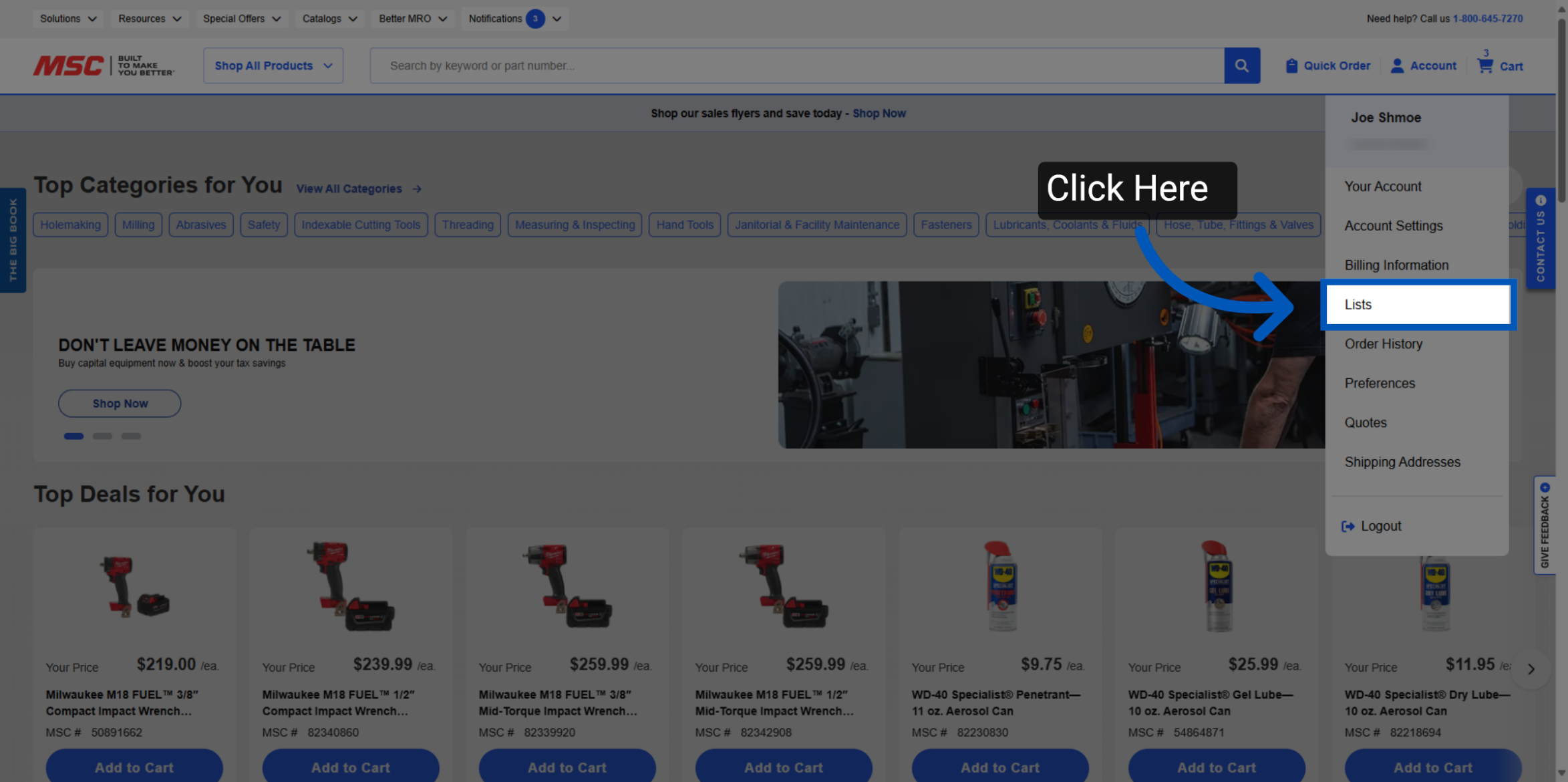 An arrow pointing to Lists on top of the account drop-down menu.