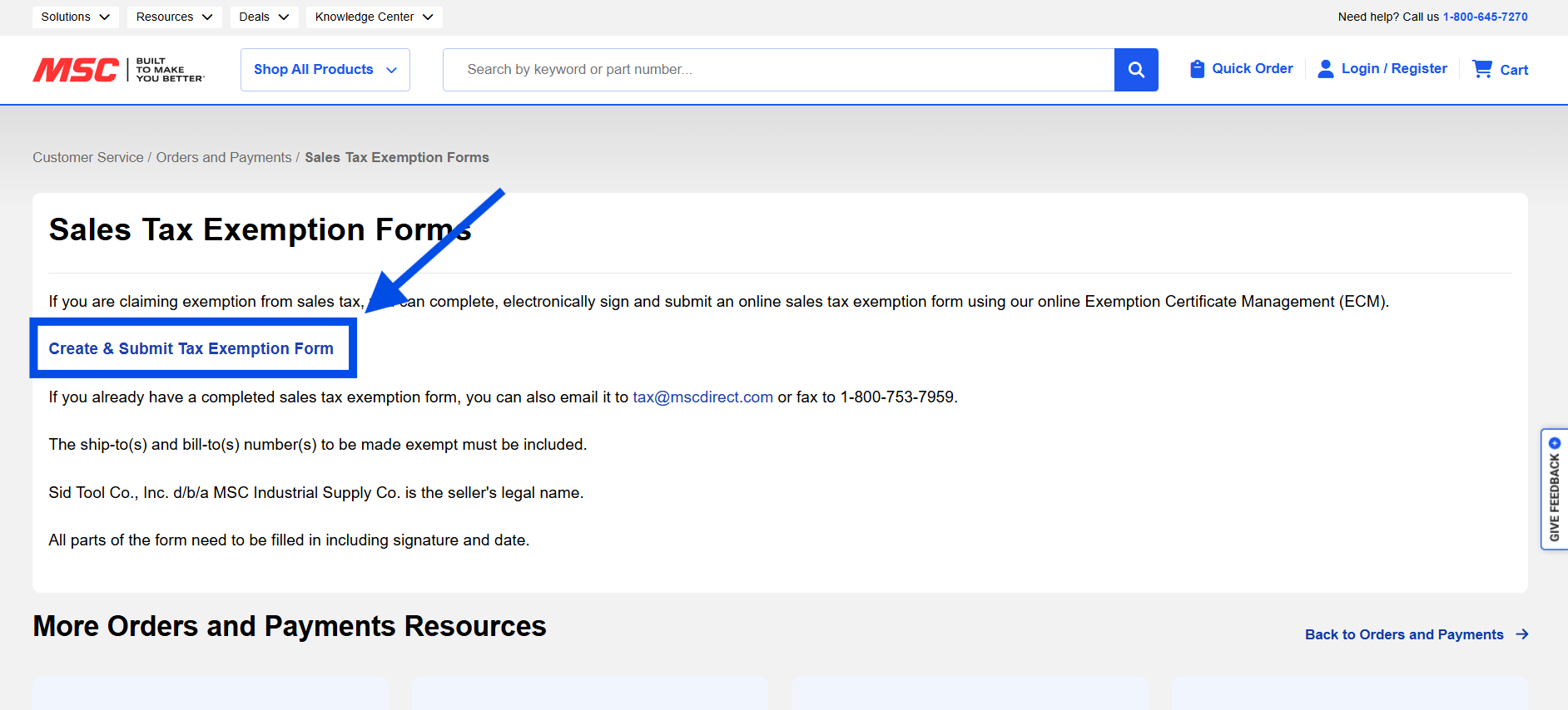 Sales Tax Exemption Forms page with an arrow pointing to the Create & Submit Tax Exemption Form button.