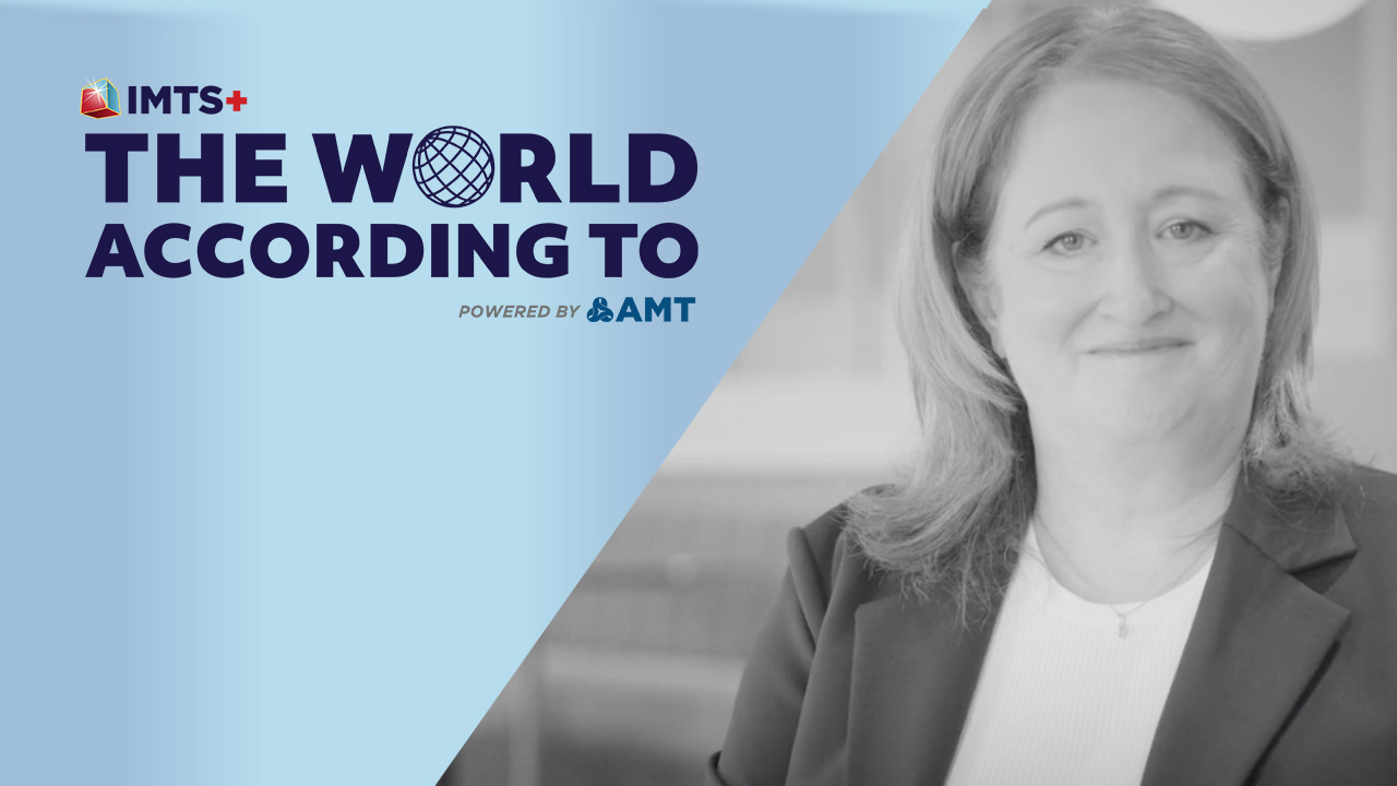 IMTS+ The World According To podcast logo with Martina McIsaac on blue and gray diagonal split background