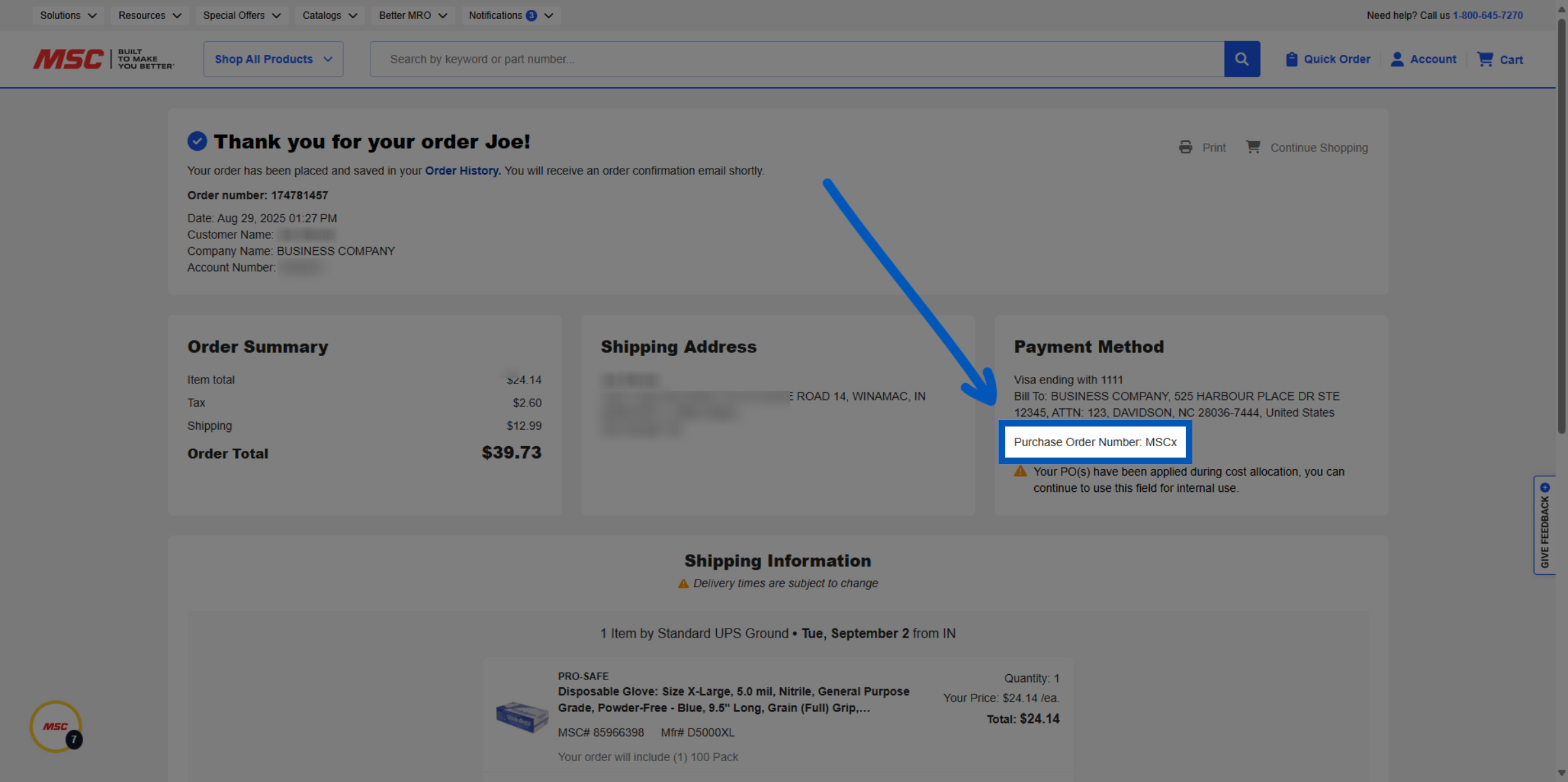 Blue arrow pointing to purchase order number field on order confirmation page with text box highlighted