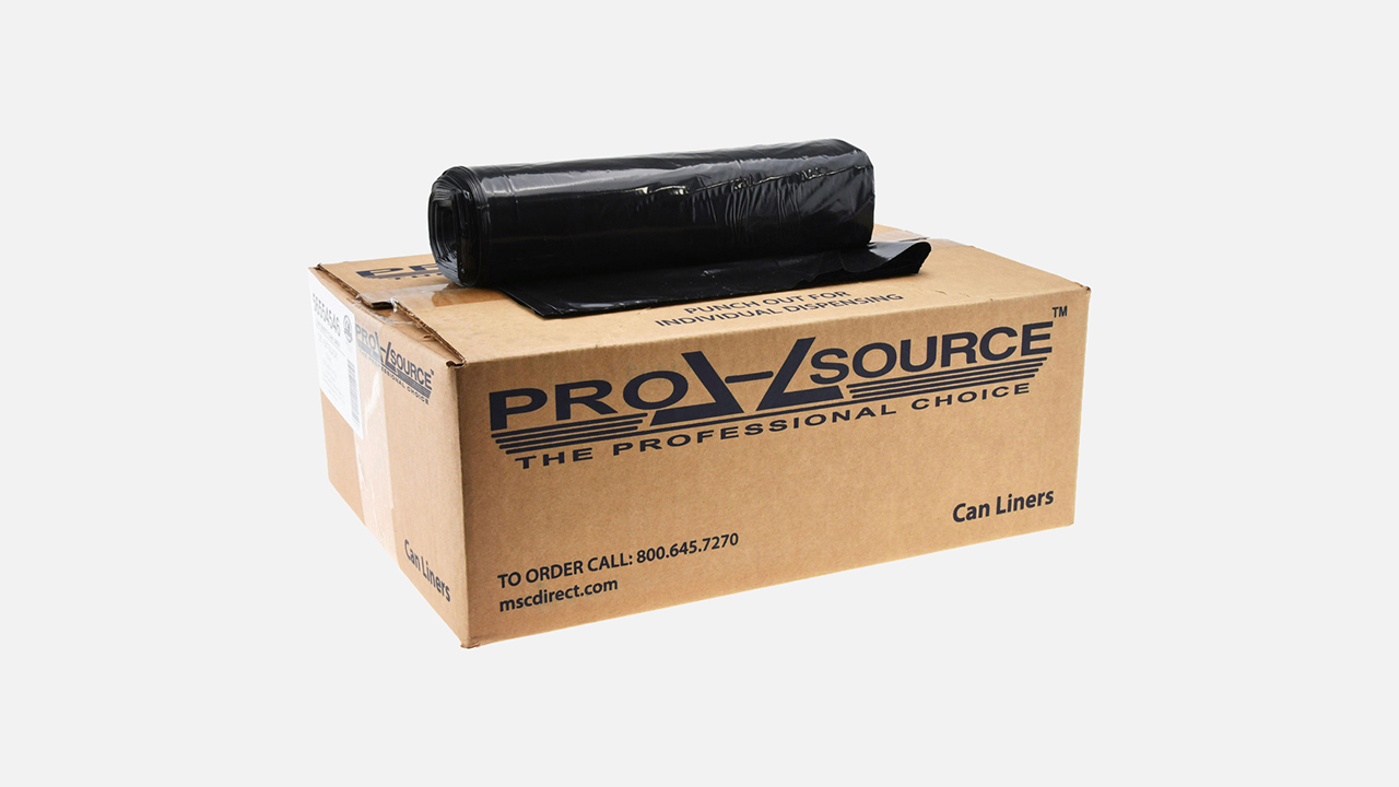 Roll of black trash can liners on ProSource branded cardboard box with product information visible on packaging.