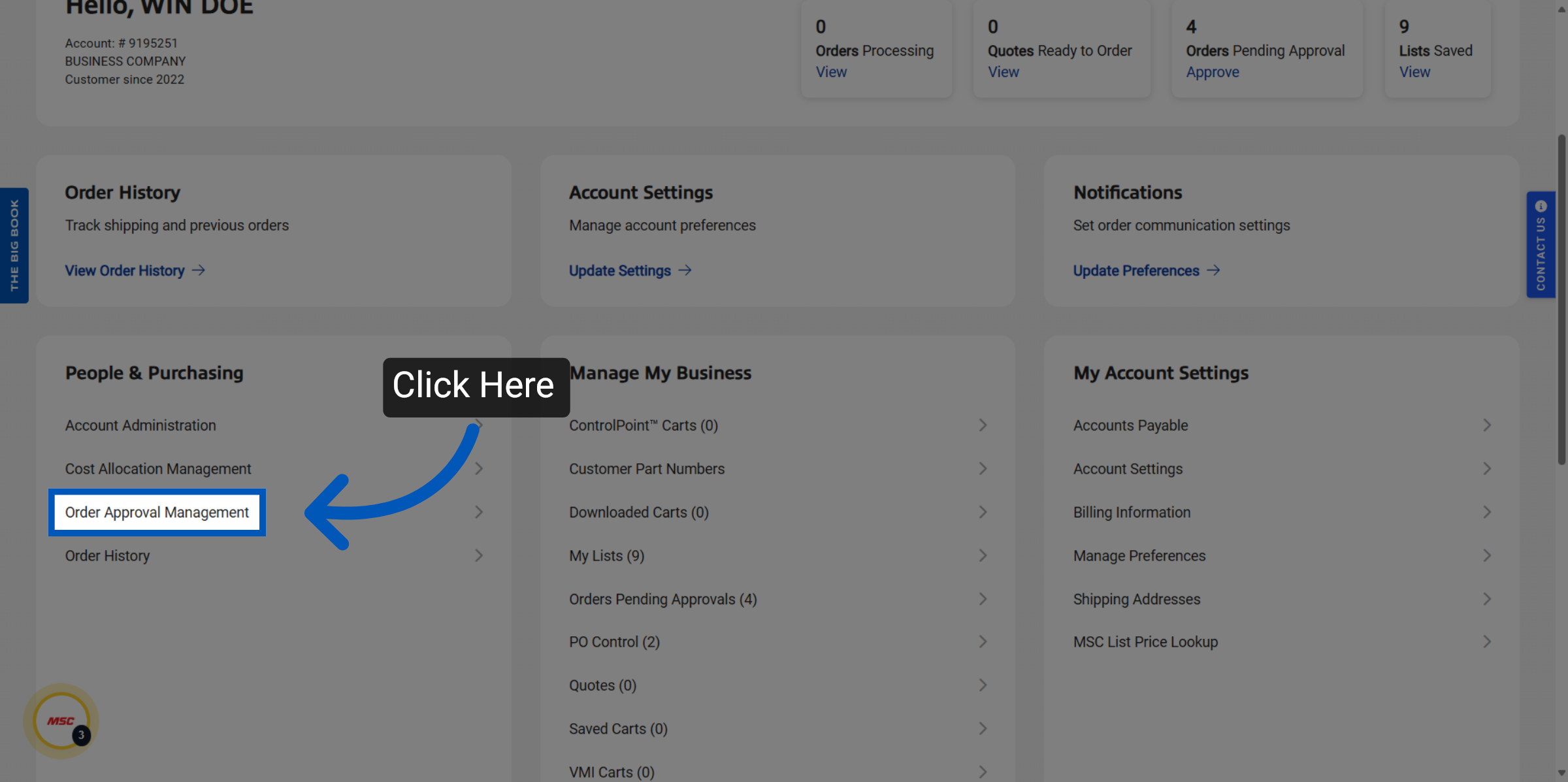 My account page with an arrow pointing to Order Approval Management under the People and Purchasing tab