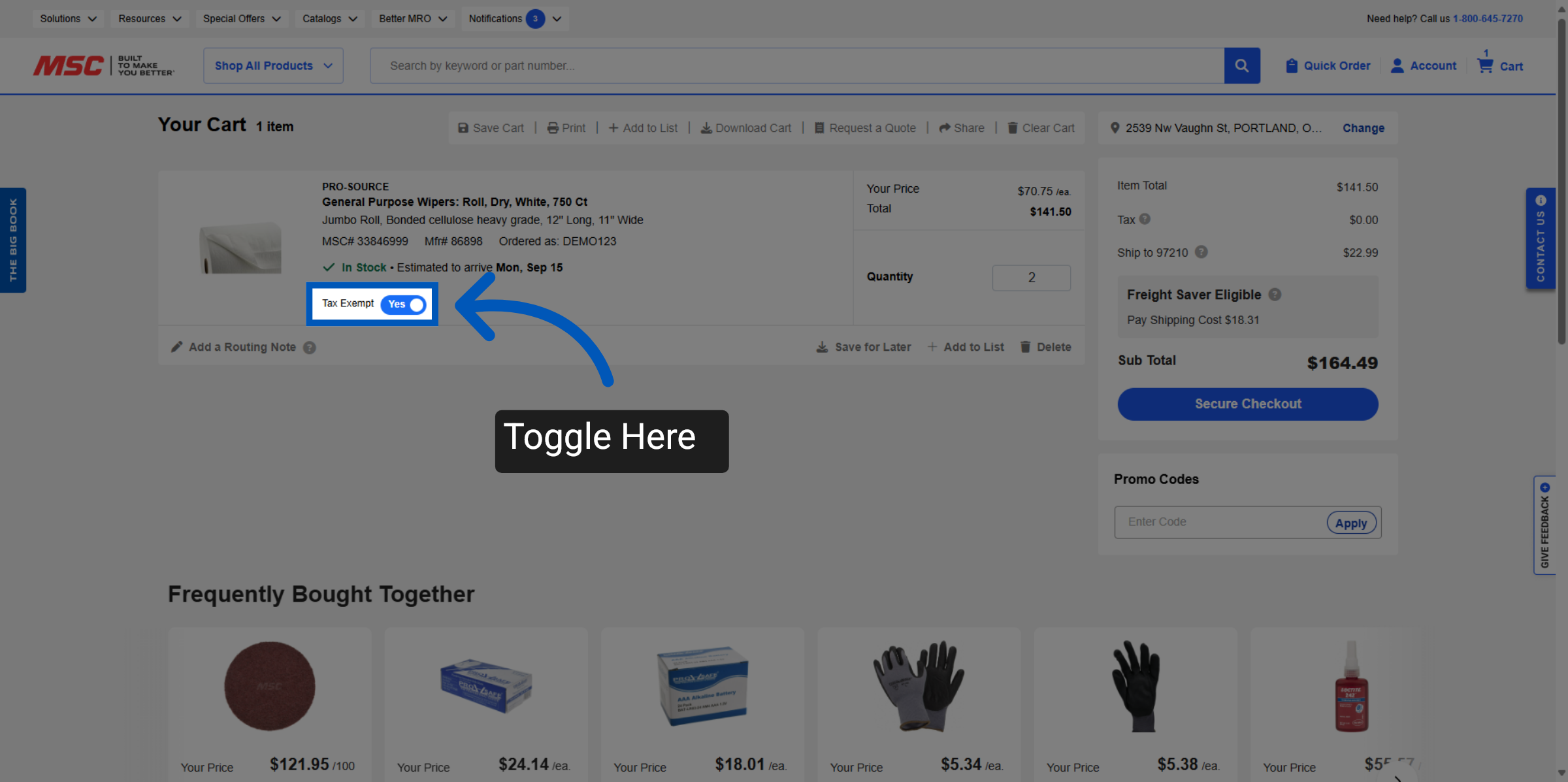 Shopping cart page showing a product with the Tax Exempt toggle set to Yes, highlighted by an arrow and Toggle Here label.