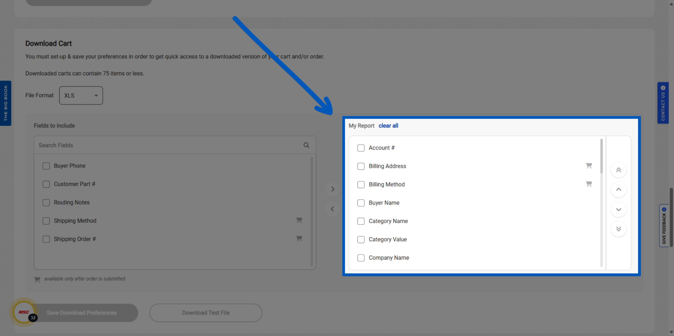 Blue arrow pointing to report field selection panel with checkboxes for account, billing, buyer, and category options.