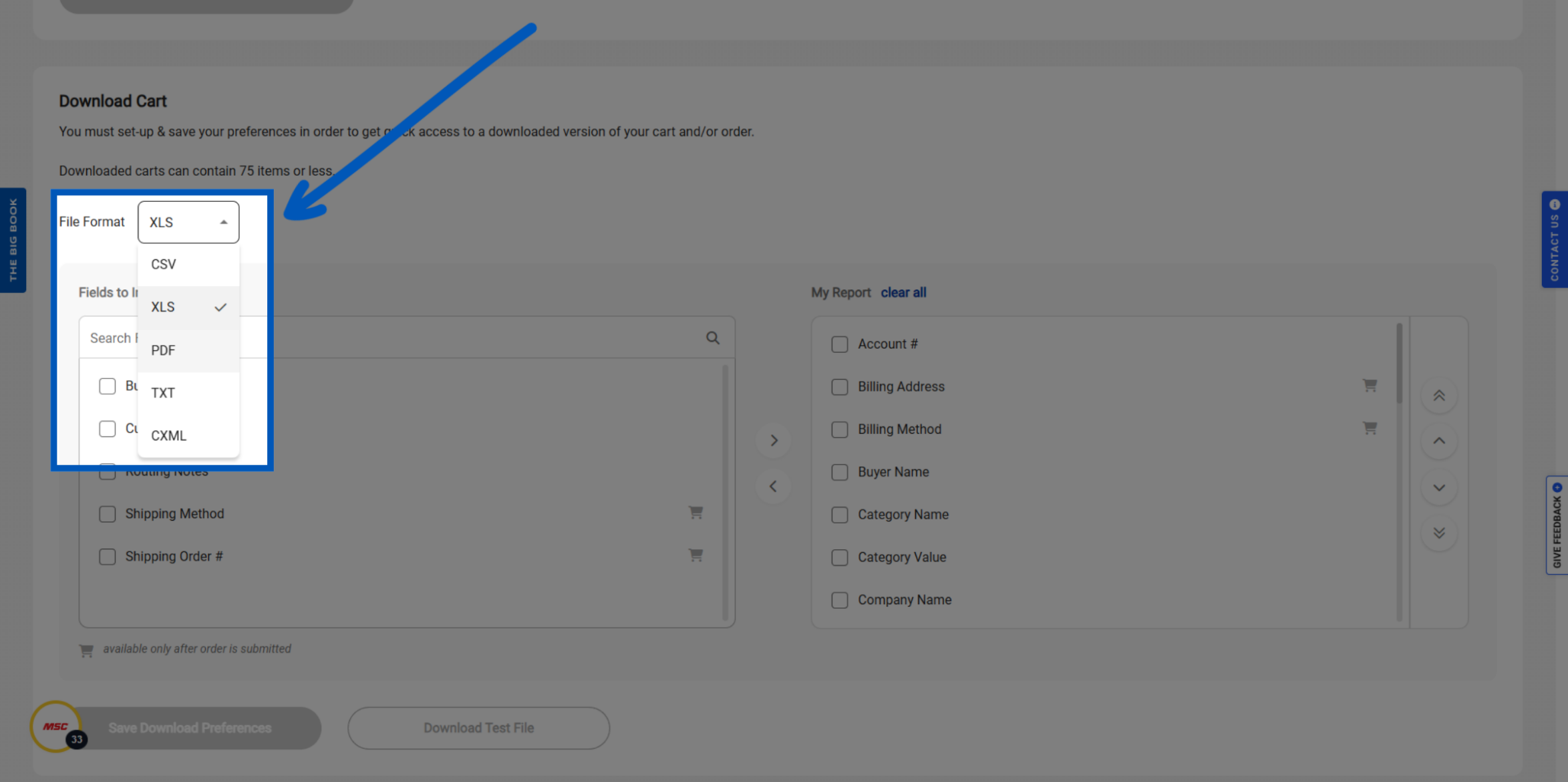 File format dropdown menu showing XLS, CSV, PDF, TXT, and CXML options with blue arrow pointing to XLS selection.