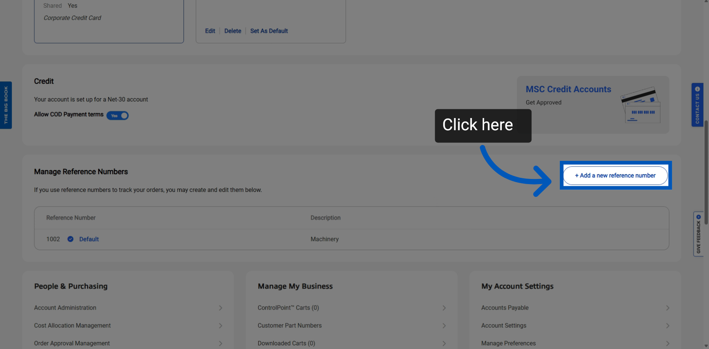 An arrow pointing to Add New Reference Number button to track your orders