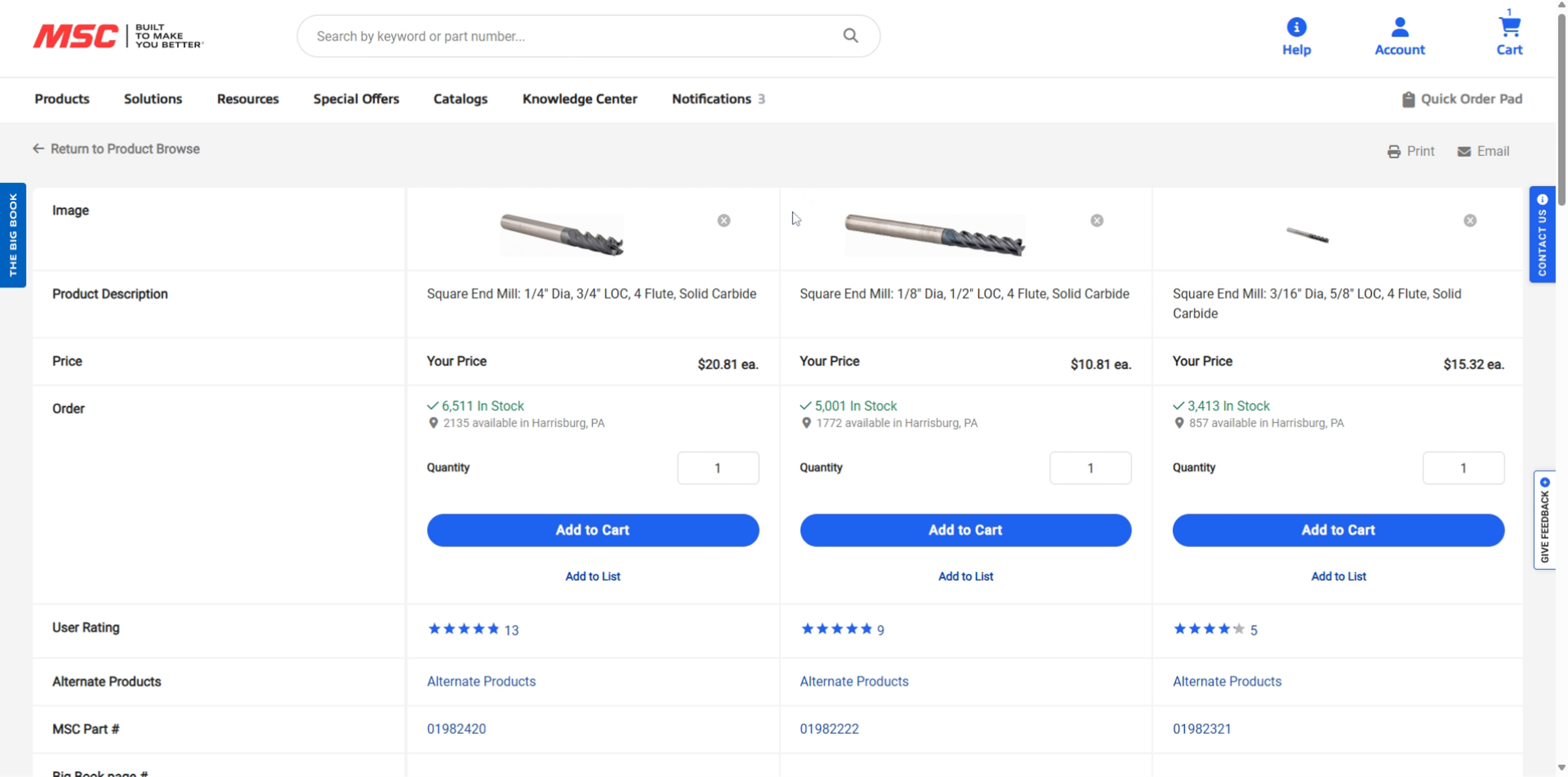 Comparison table showing specifications for three items, with Add to Cart buttons and side-by-side product details.