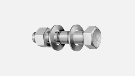 Metal bolt and nut assembly with washers, shown in silver/gray finish