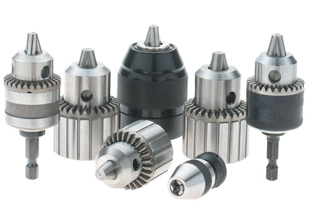 Assortment of drill chucks in various sizes and styles