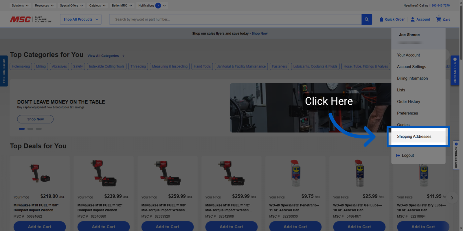 An arrow pointing to Shipping Addresses on top of the account drop-down menu.