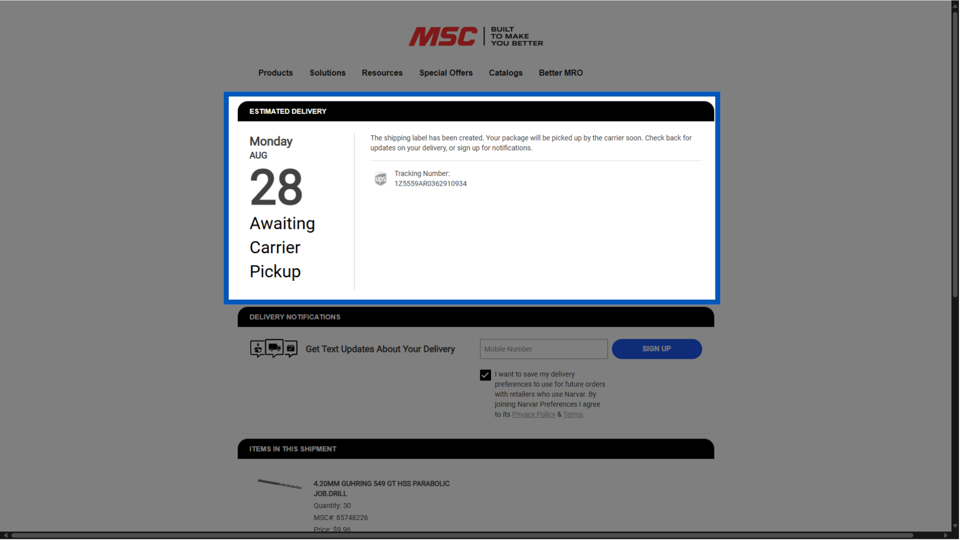 Order tracking page showing Monday August 28 delivery date with status awaiting carrier pickup and UPS tracking number.