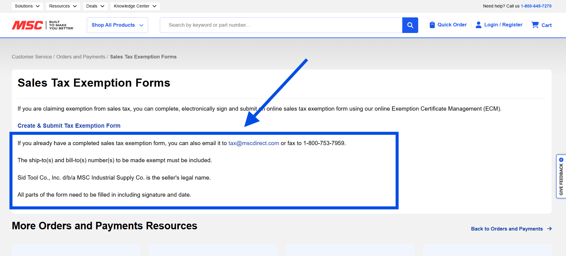 Sales Tax Exemption Forms page highlighting instructions for submitting a completed exemption form by email or fax, outlined with a blue box and arrow.