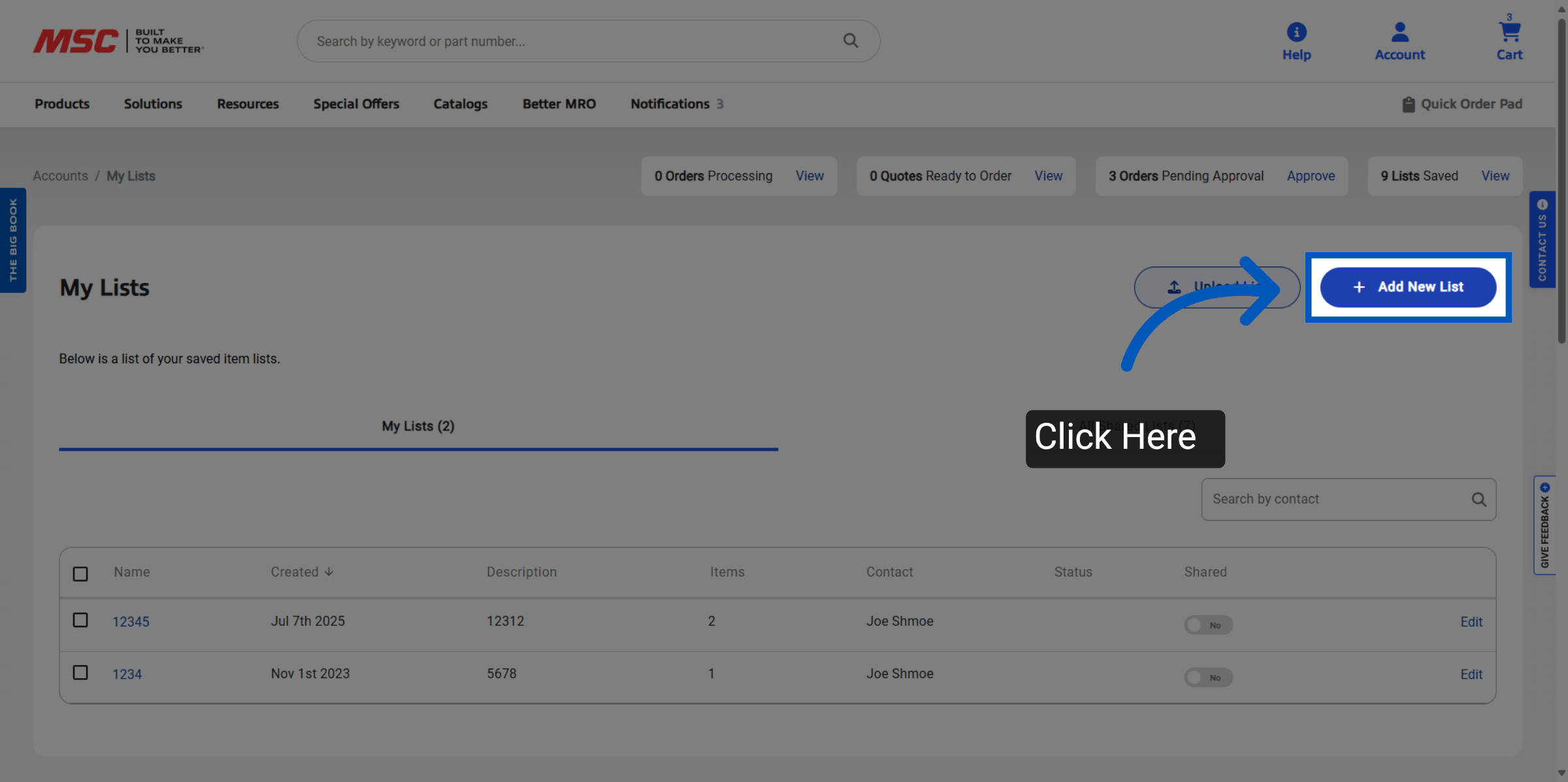 My Lists page with an arrow pointing to a Add New List button