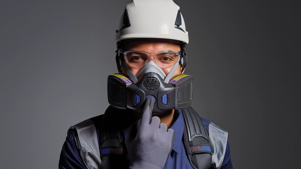 Worker wearing 3M white hard hat, safety goggles, and dual-cartridge respirator mask with purple filters on gray background