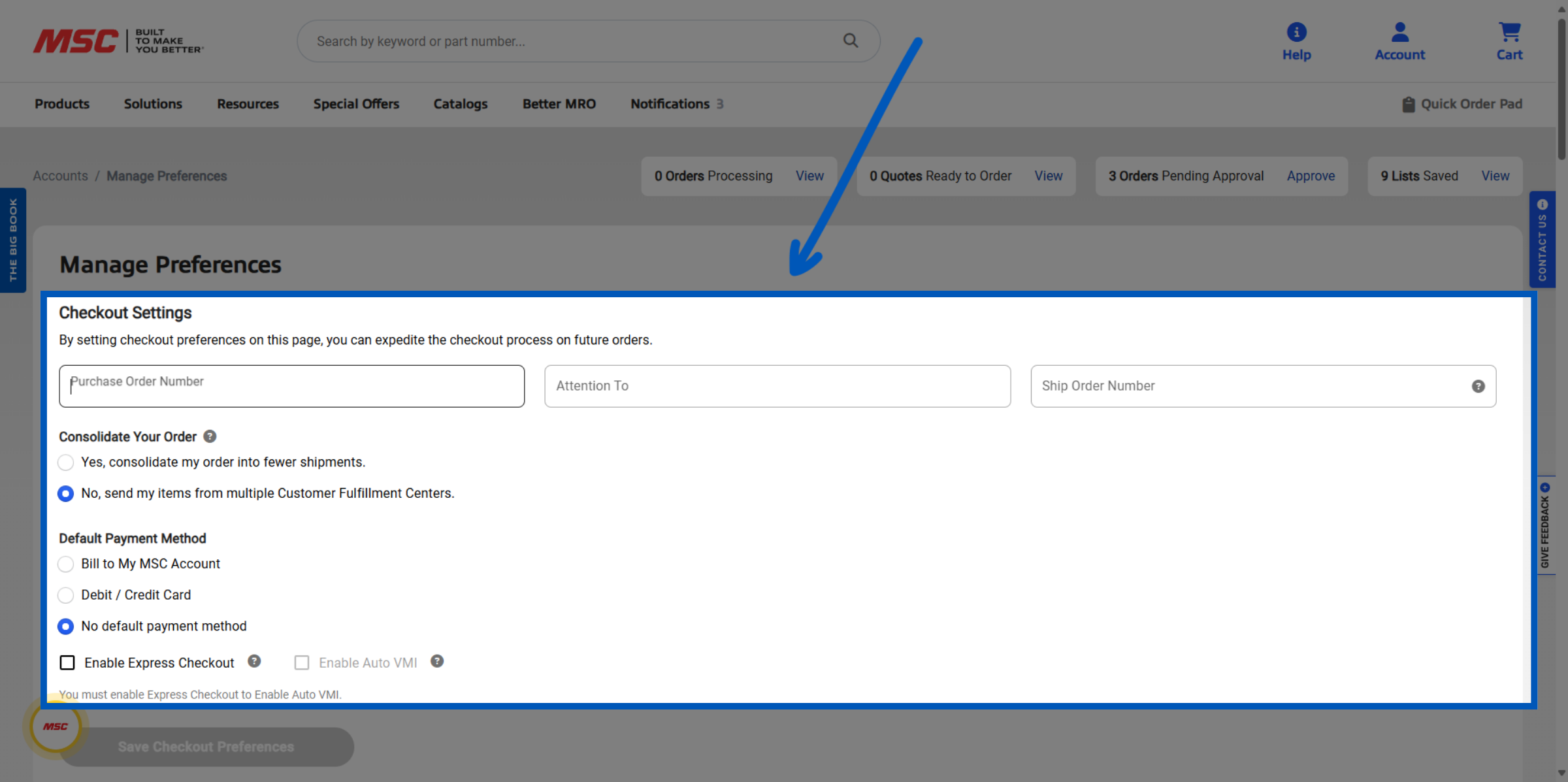 Checkout Settings form with blue arrow pointing to section, showing order consolidation and payment method options.