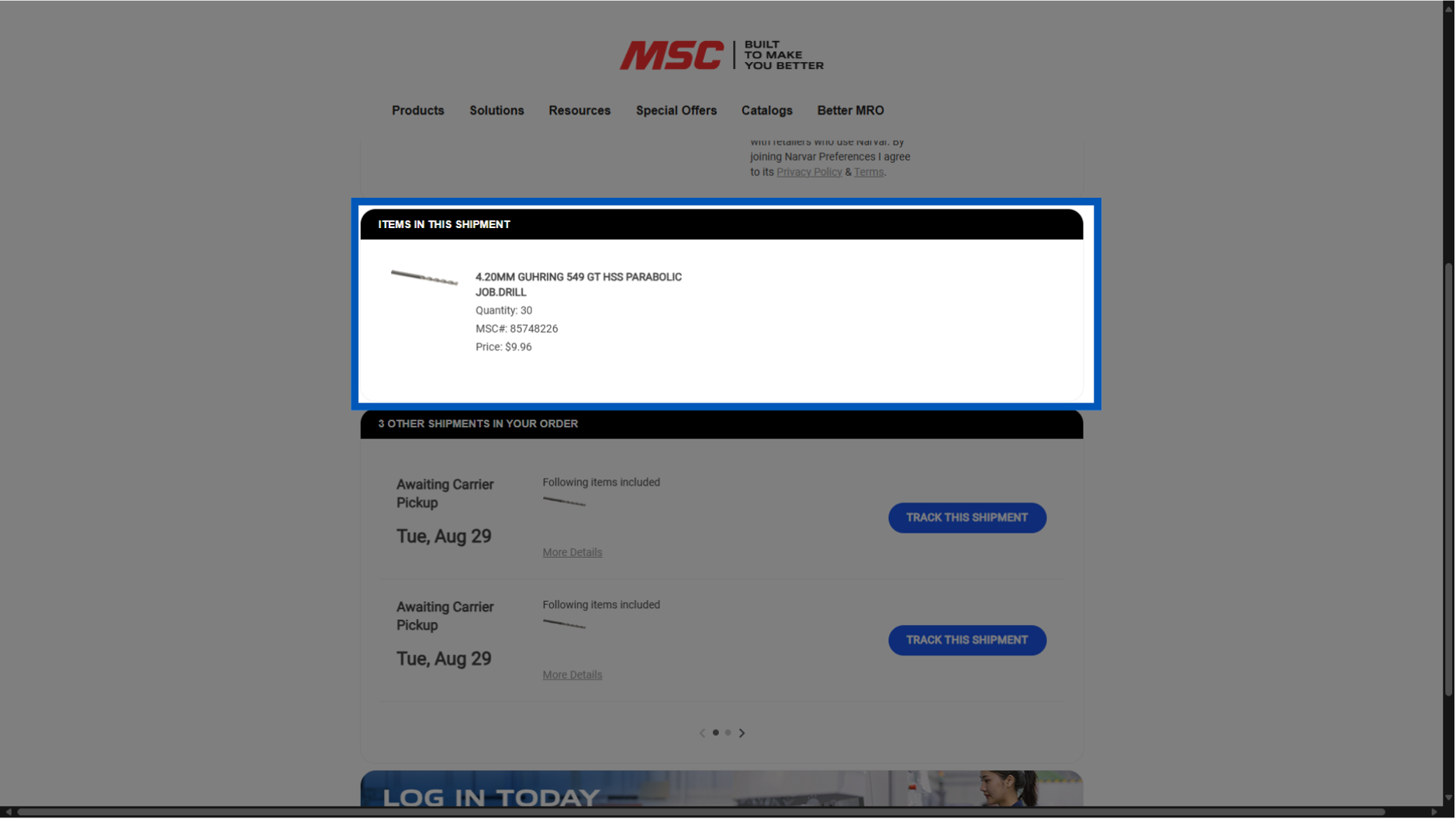 Order shipment details showing 420MM Guhring 549 GT HSS Parabolic Job Drill, quantity 30, with carrier pickup dates.