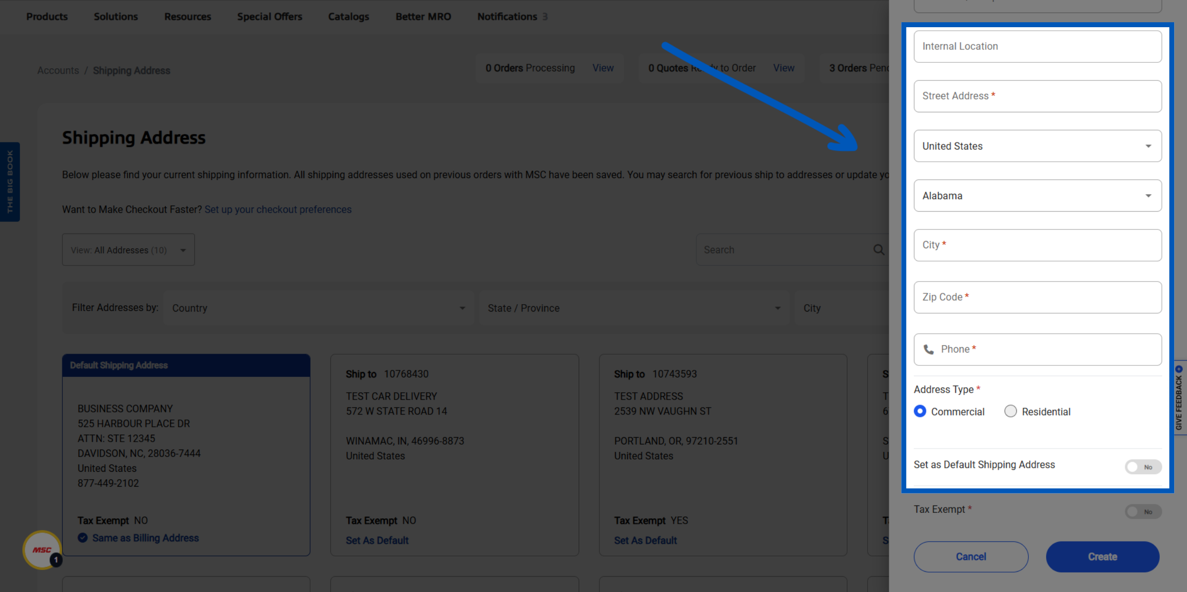 Blue arrow pointing to shipping address form with country, state, city, zip code, and phone number fields on MSC website.