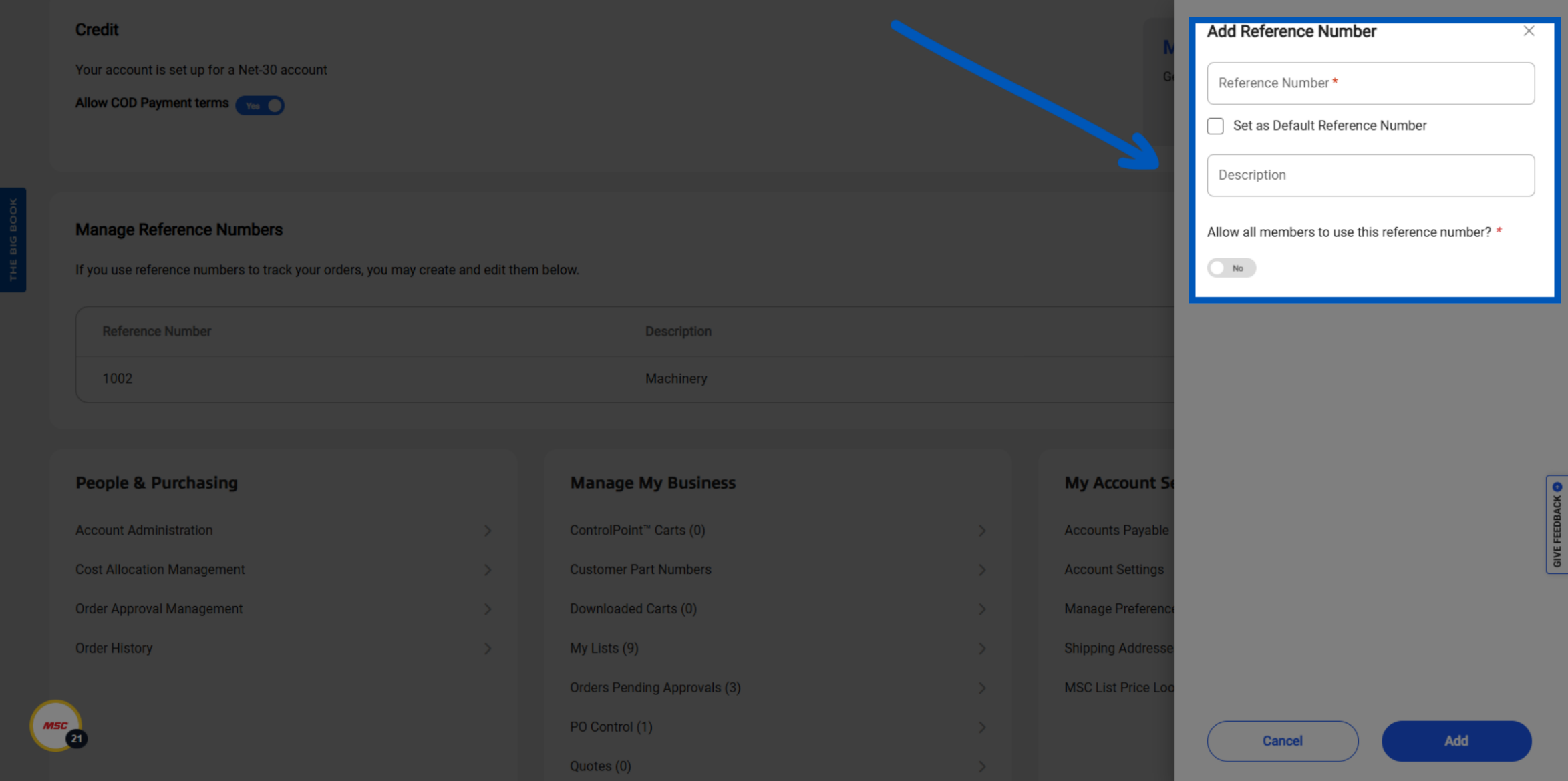 Add Reference Number dialog box with input fields for reference number, description, and permission settings.