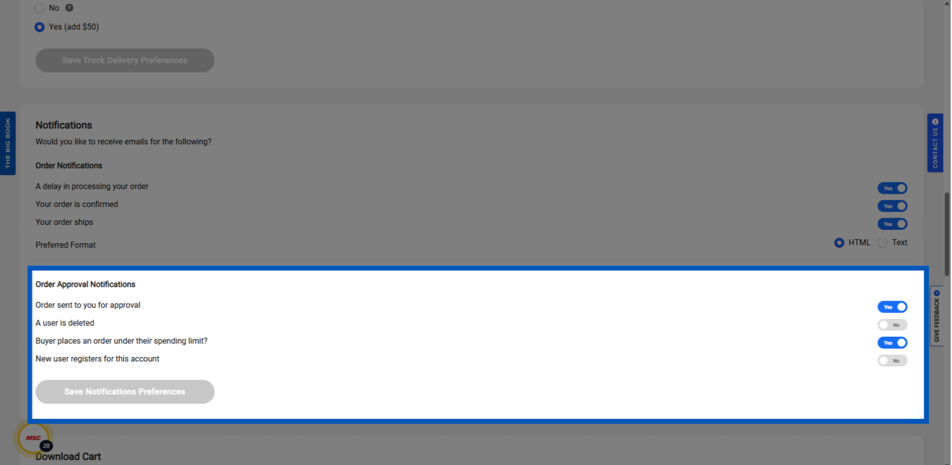 Order approval notification settings with toggle switches for email preferences and save button