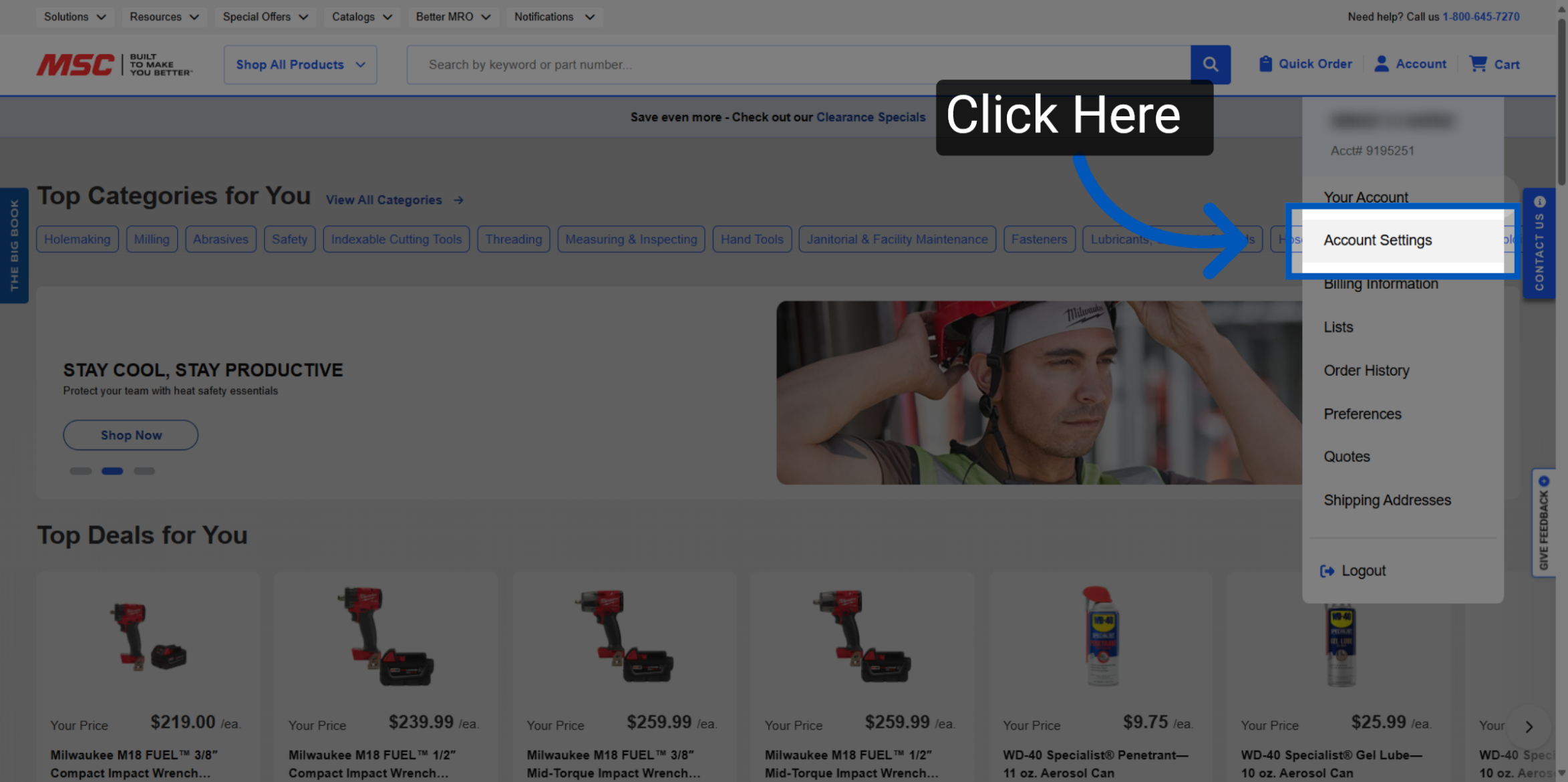 MSC Industrial Direct website showing account dropdown menu with Account Settings option highlighted by blue arrow