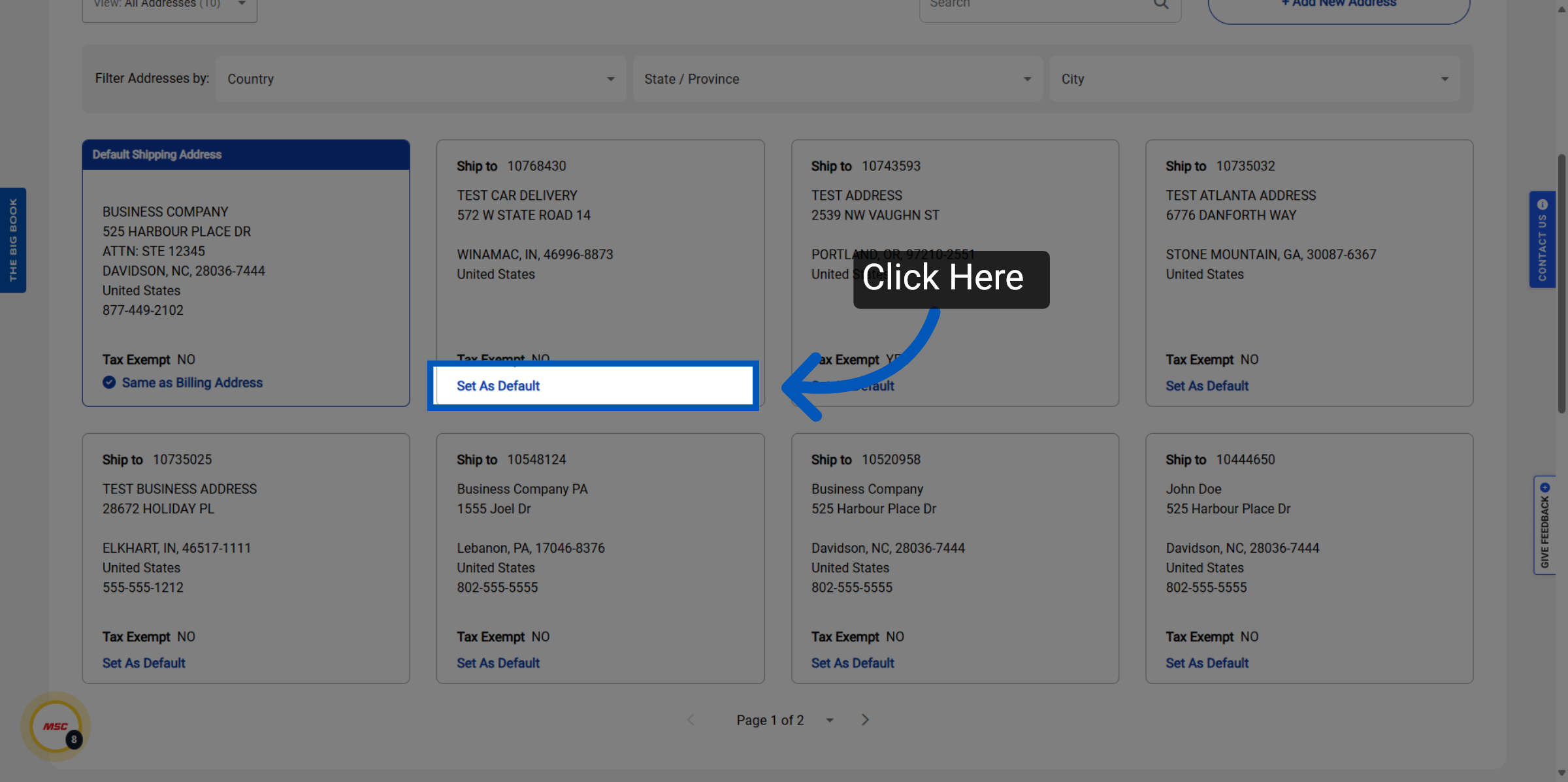 Blue arrow pointing to Set As Default button on shipping address card with Click Here overlay text