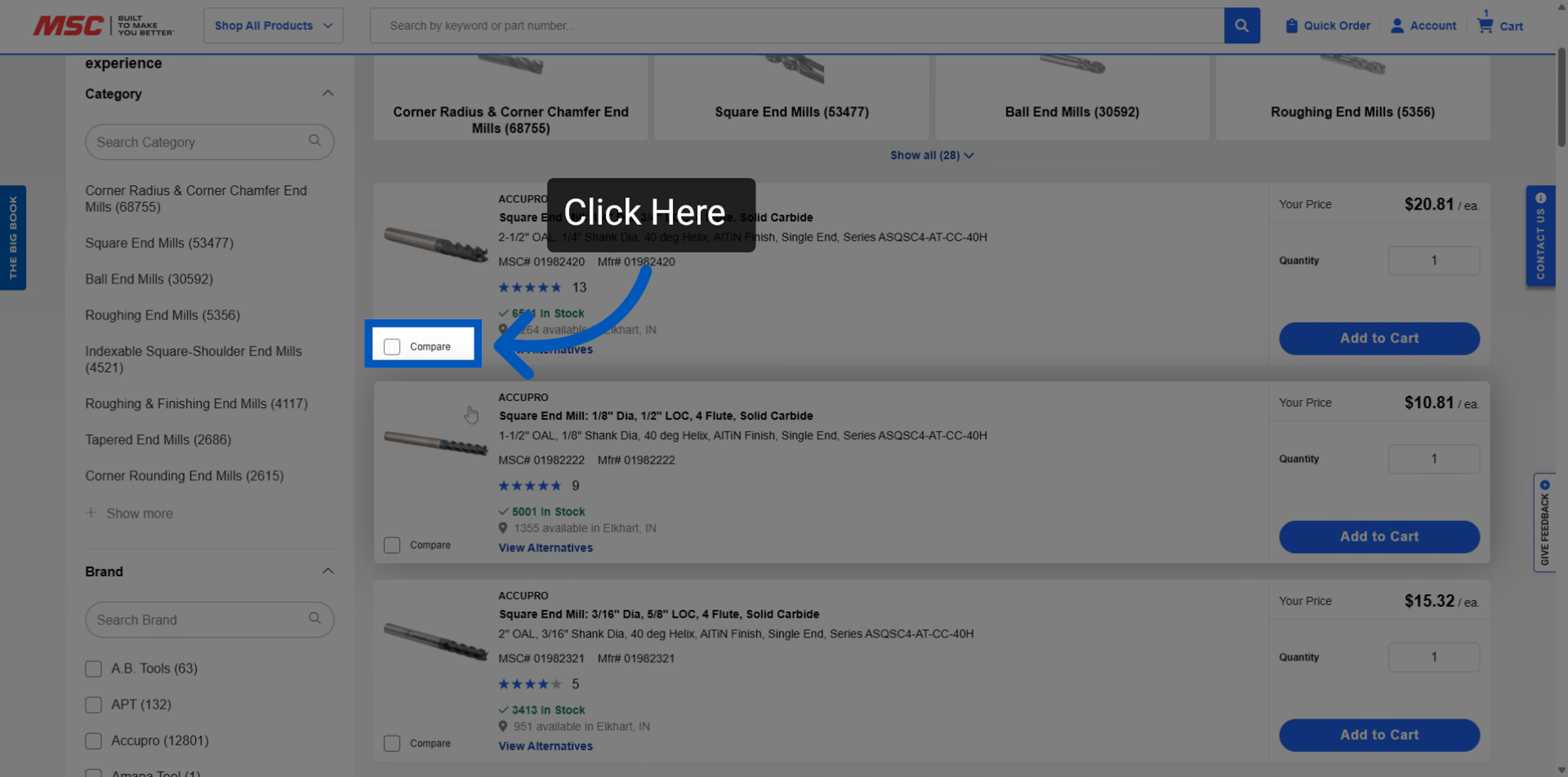Product listing page with an arrow pointing to a Compare checkbox on a item.