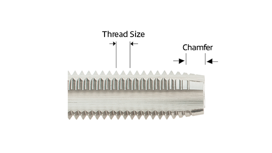 Close-up diagram of a tap showing labeled thread size and chamfer sections on the cutting end.