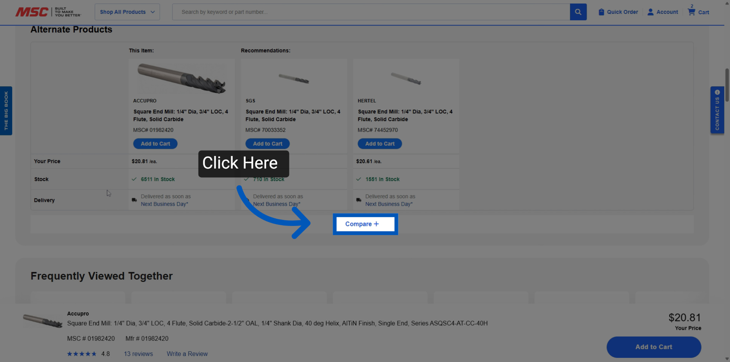 Alternate products section showing similar items, with an arrow pointing to a 'Compare +' button.