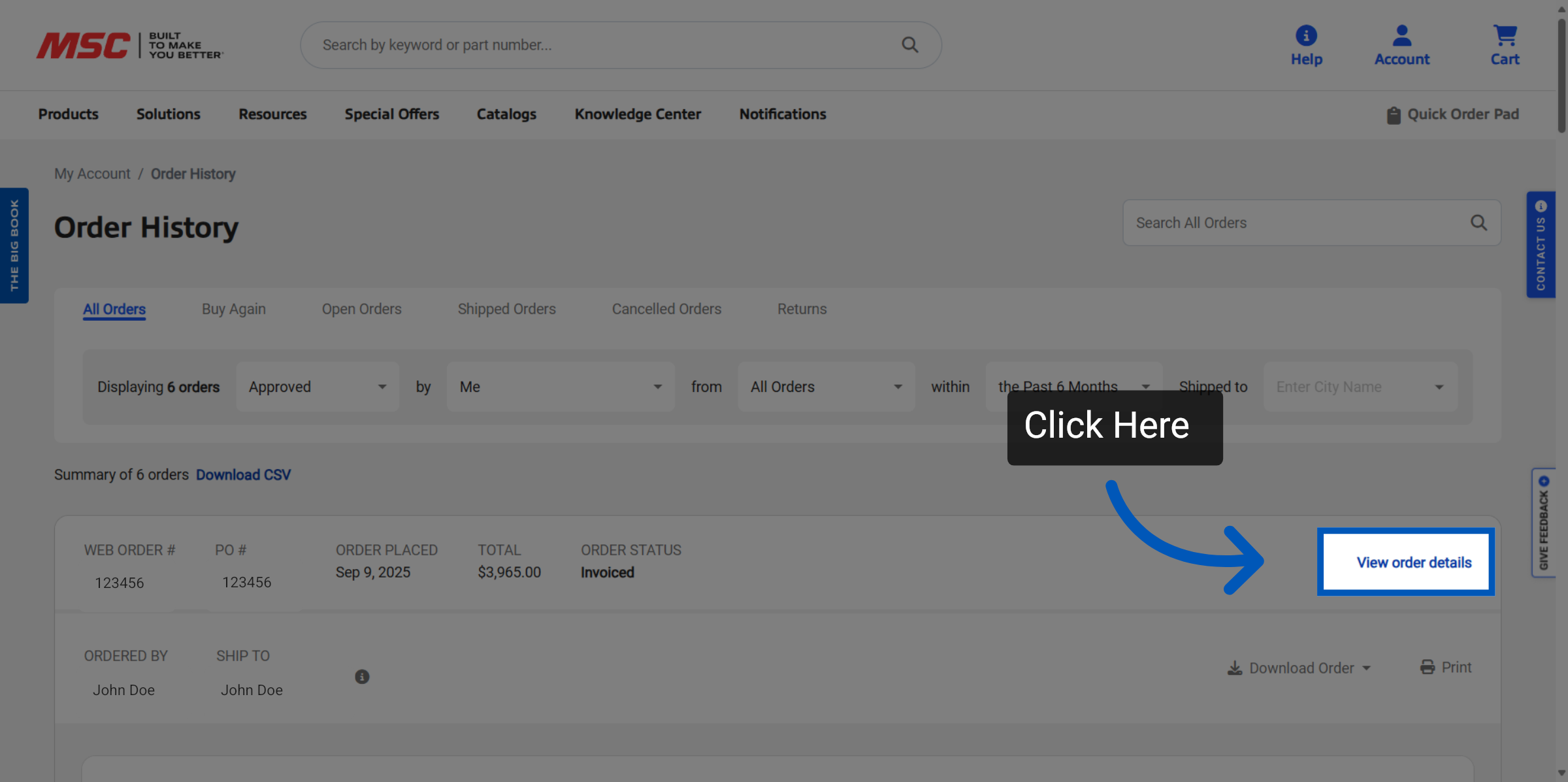 Order history page with an arrow pointing to View Order Details button