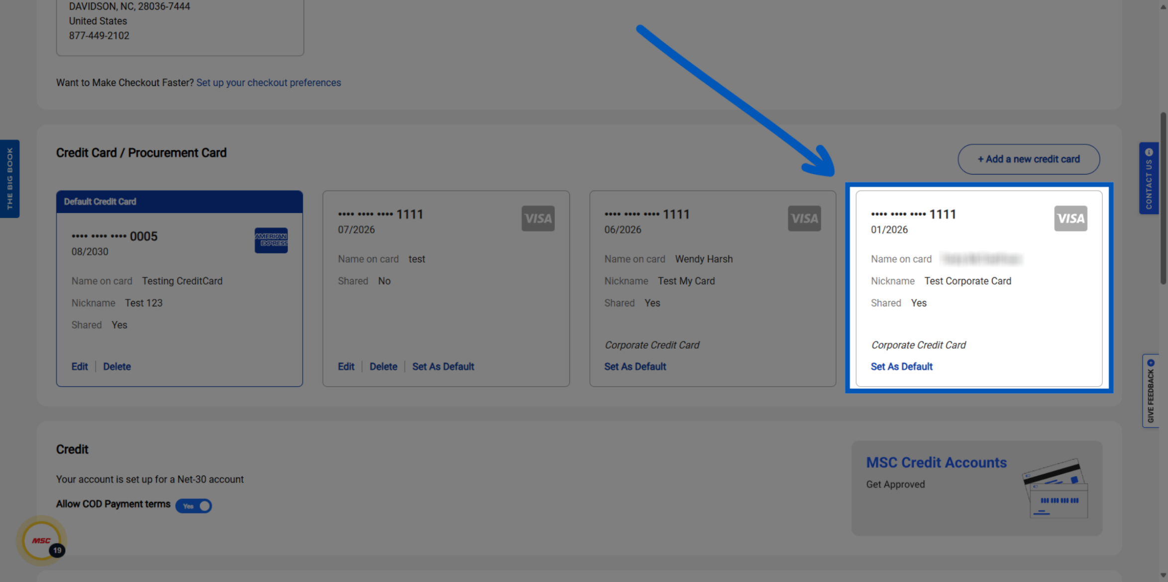 Blue arrow pointing to credit card ending in 1111 with Visa logo, expiring 01/2026, named Testy McTestFace.