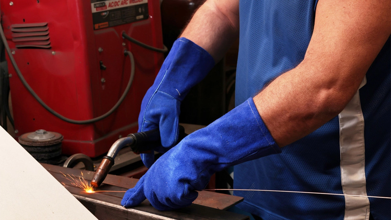 Worker in blue PRO-SAFE protective gloves and apron using welding torch on metal with red equipment in background