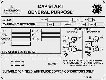 Motor nameplate for a capacitor start general purpose motor by Emerson Motor Technologies.