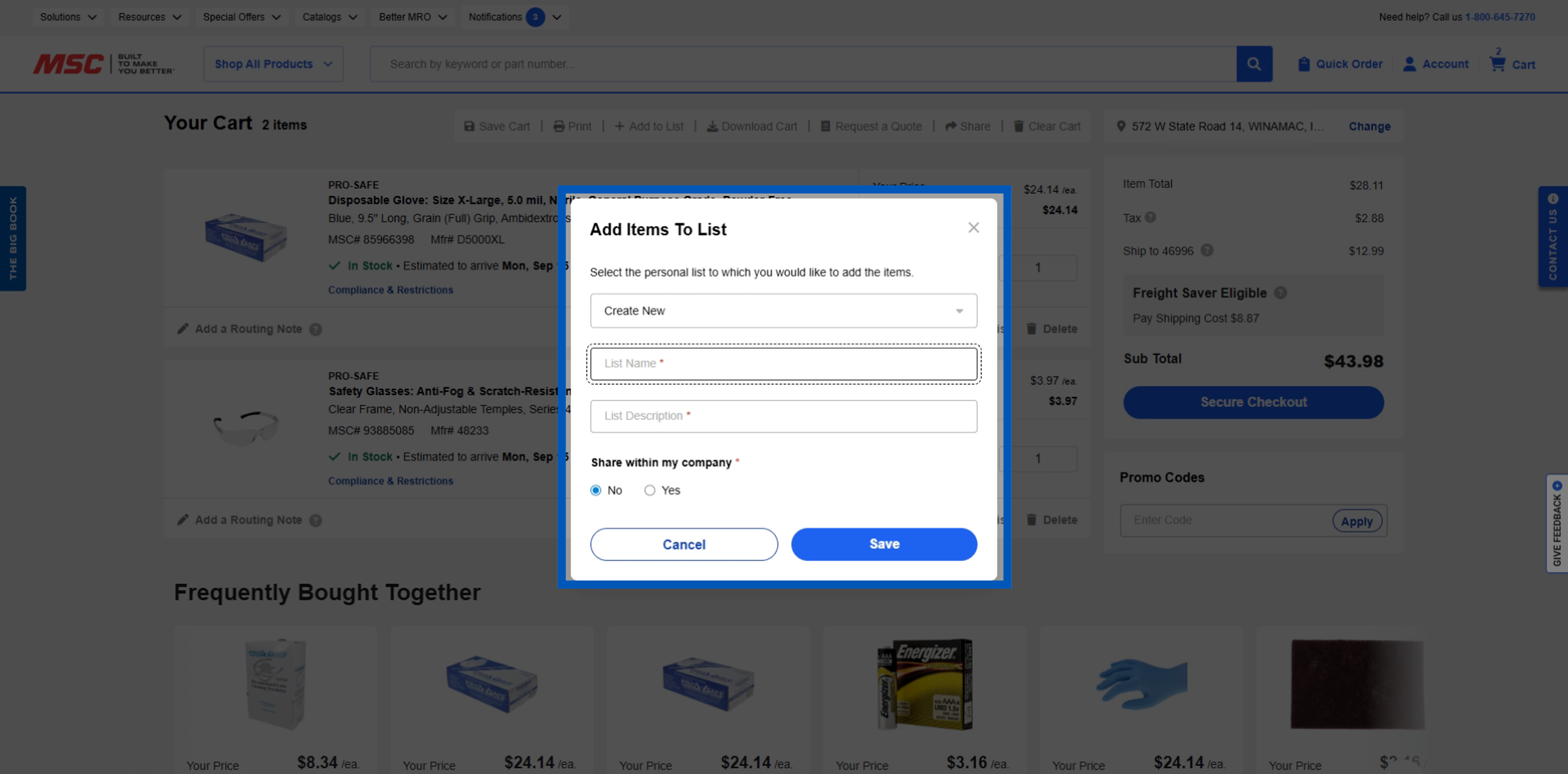 Add Items to List modal showing fields to create a new list, including list name, description, sharing option, and Save button.
