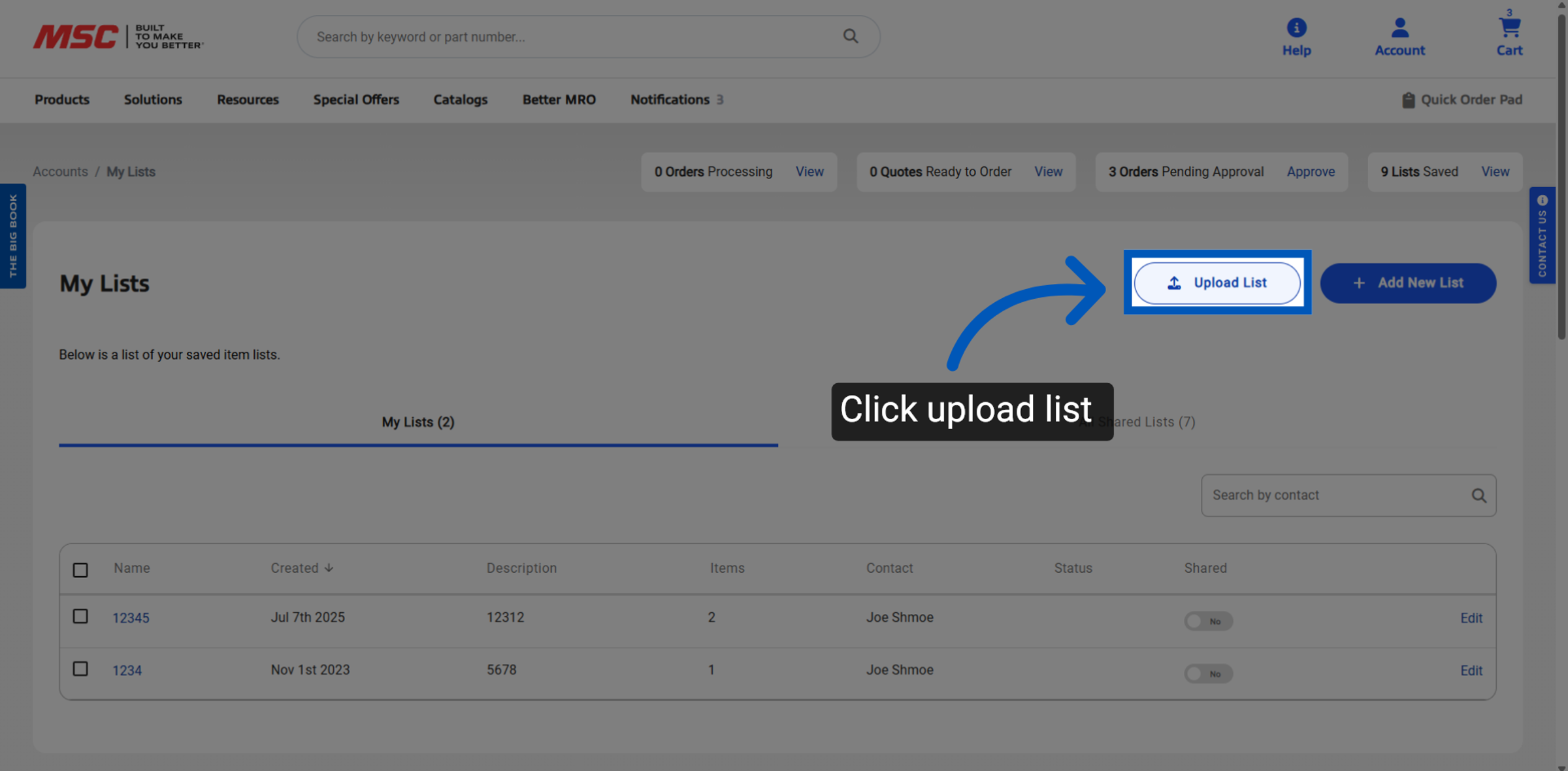 My Lists page with an arrow pointing to a Upload list button