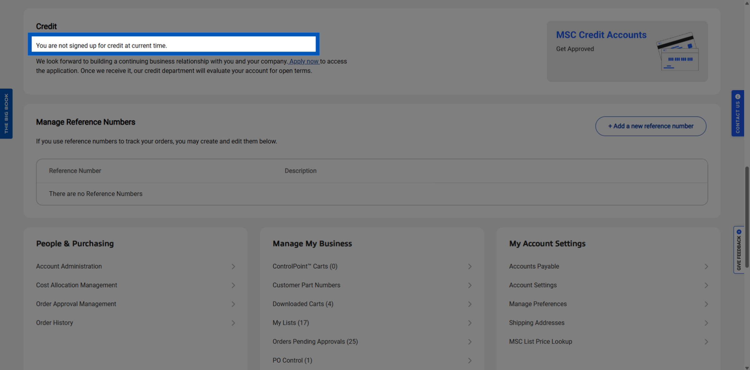 Credit section indicating the account is not signed up for credit terms.