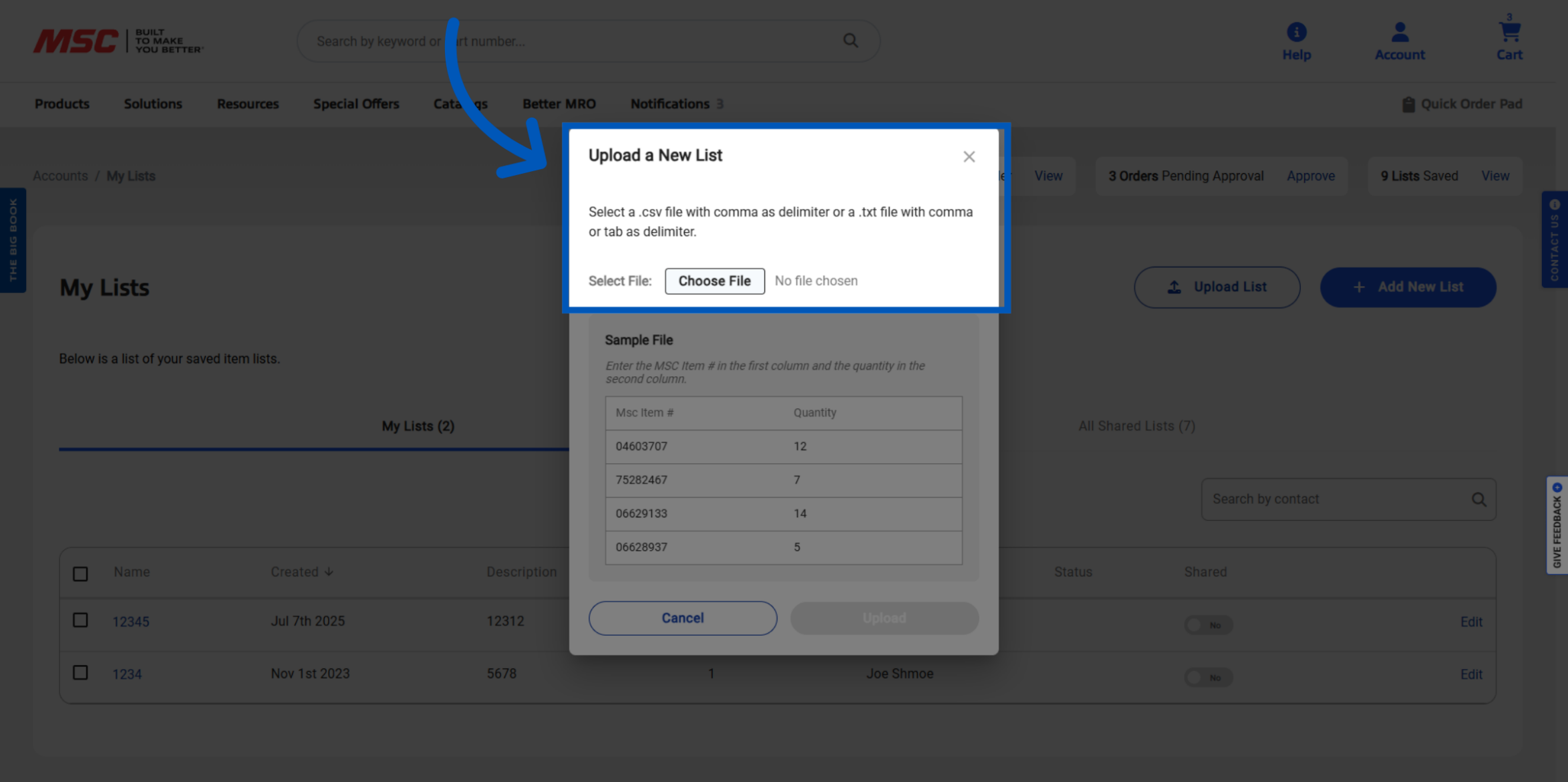 Screenshot of My Lists page with an Upload a New List modal open with instructions and a Choose File button, highlighted by an arrow.