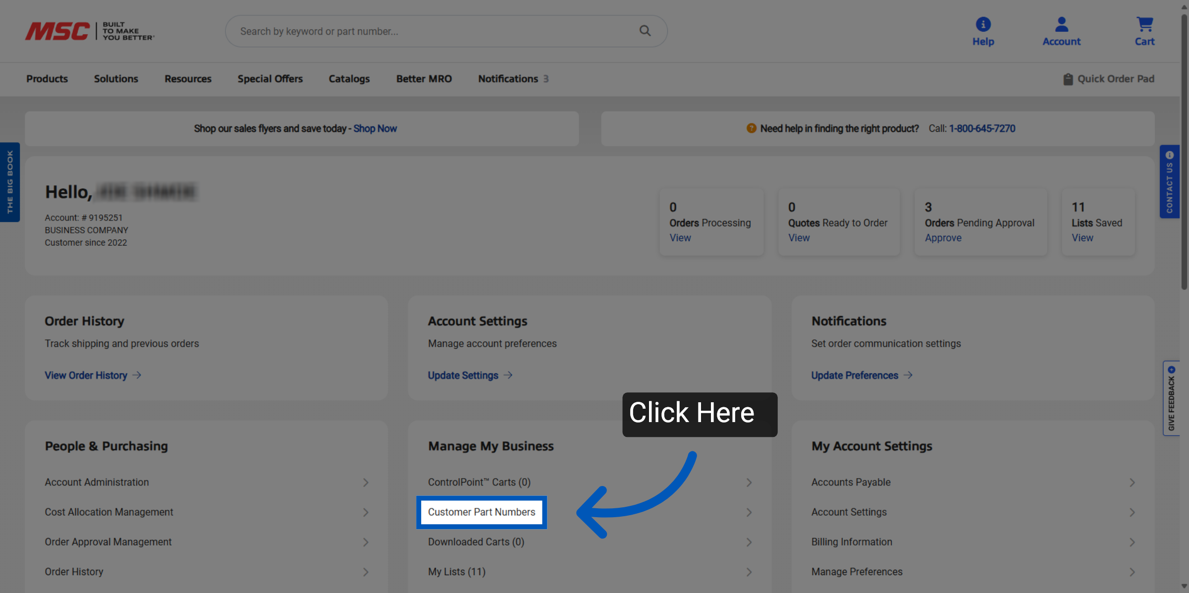 MSC Industrial Supply account dashboard showing order status, account settings, and customer part numbers link