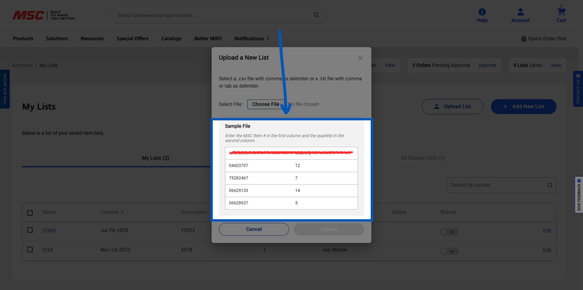 Screenshot of My Lists page with an Upload a New List modal open. A highlighted sample file shows a two‑column table with MSC item numbers in the first column and quantities in the second column, demonstrating the required upload format.