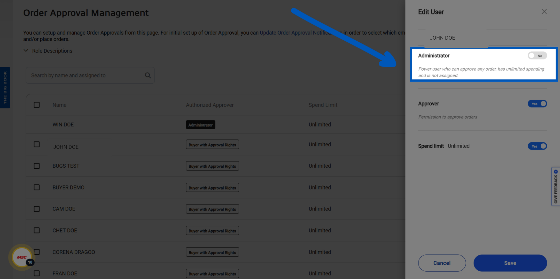 Order Approval Management page with the Edit User panel open, highlighting the Administrator role option and its description