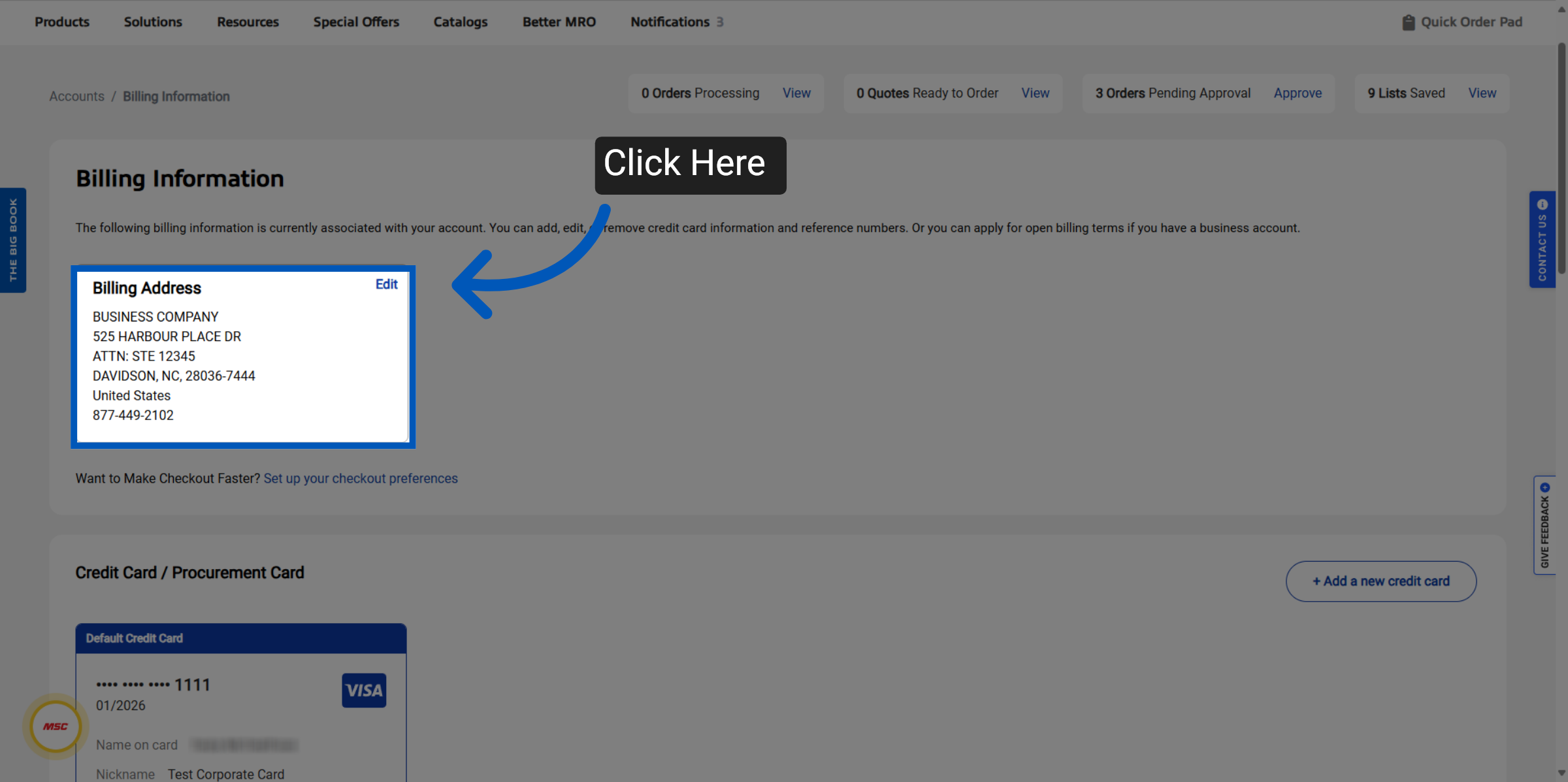 Billing information page with blue arrow pointing to Click Here button above billing address section