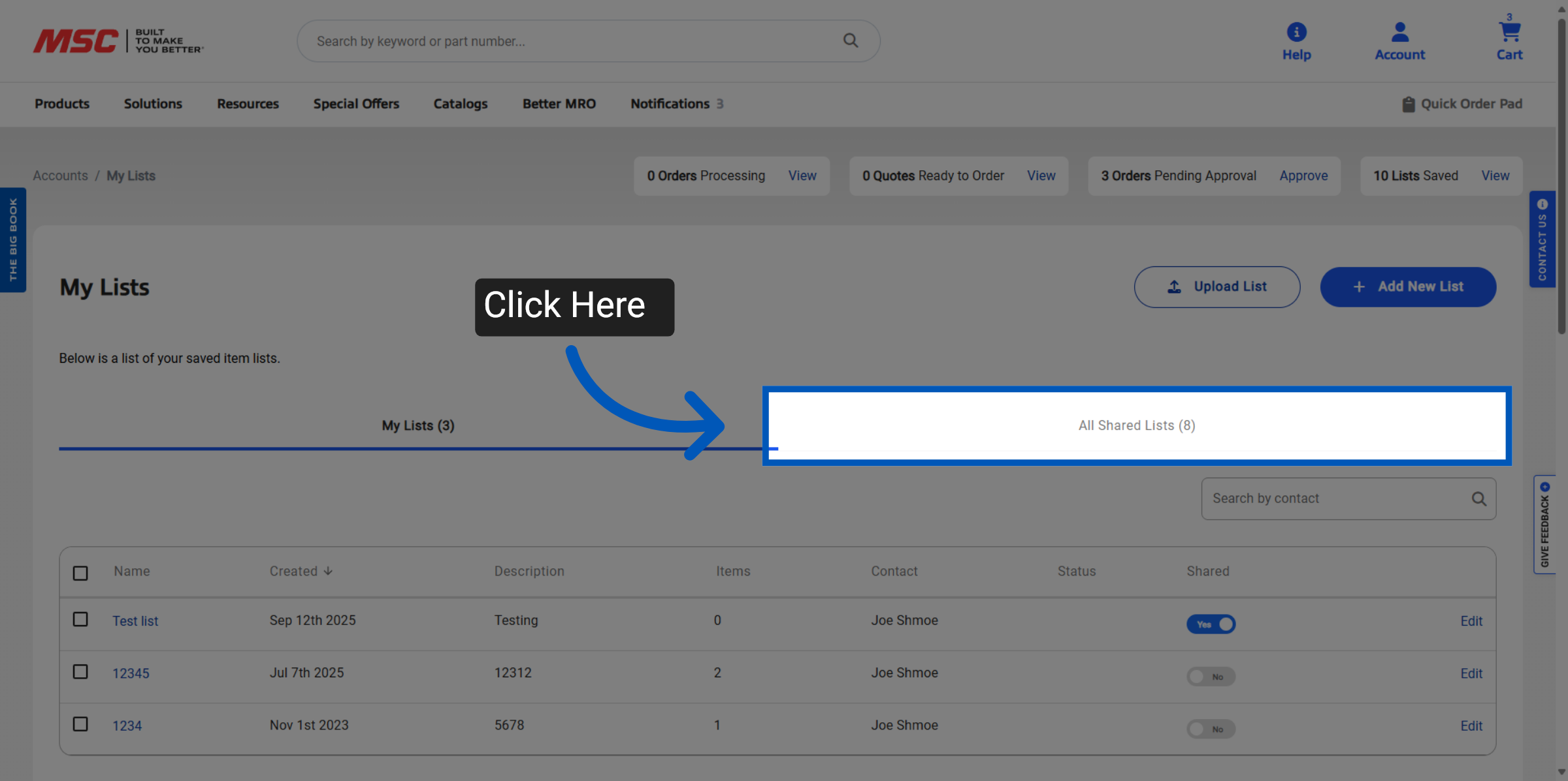 My Lists page with an arrow pointing to All Shared Lists tab.