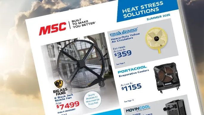 MSC Industrial Supply catalog featuring heat stress solutions for summer 2025, showing cooling fans and equipment.