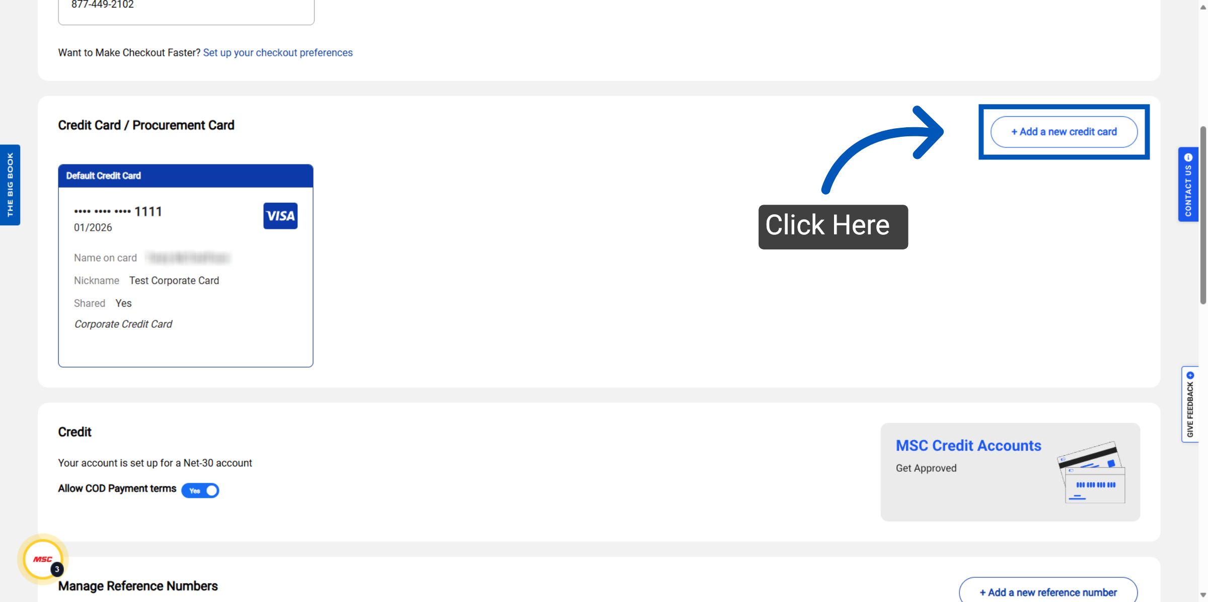 Blue arrow pointing to Add a new credit card button with Click Here text overlay on checkout preferences page.