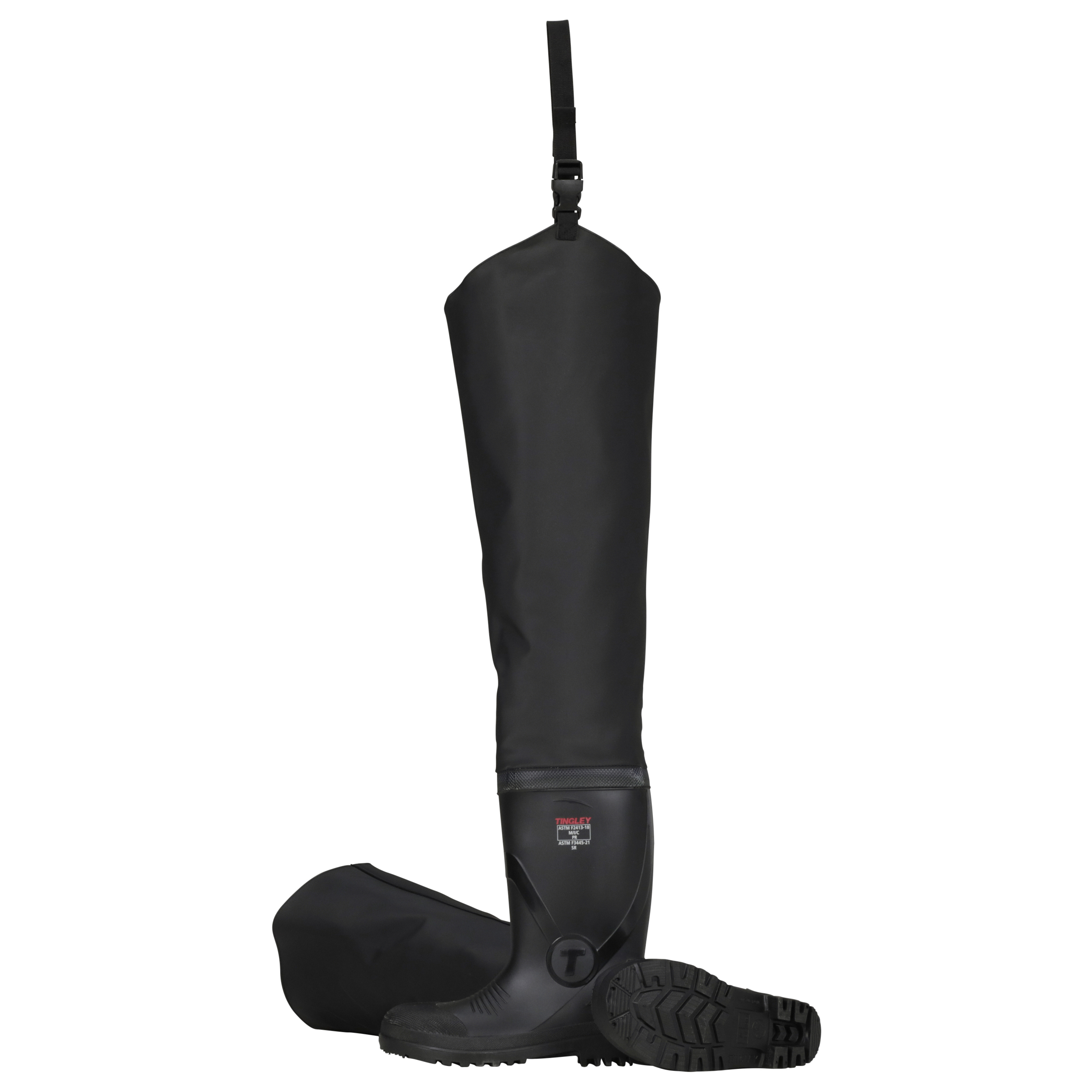 Black Tingley hip boots with adjustable strap, rubber boot bottom, and treaded sole