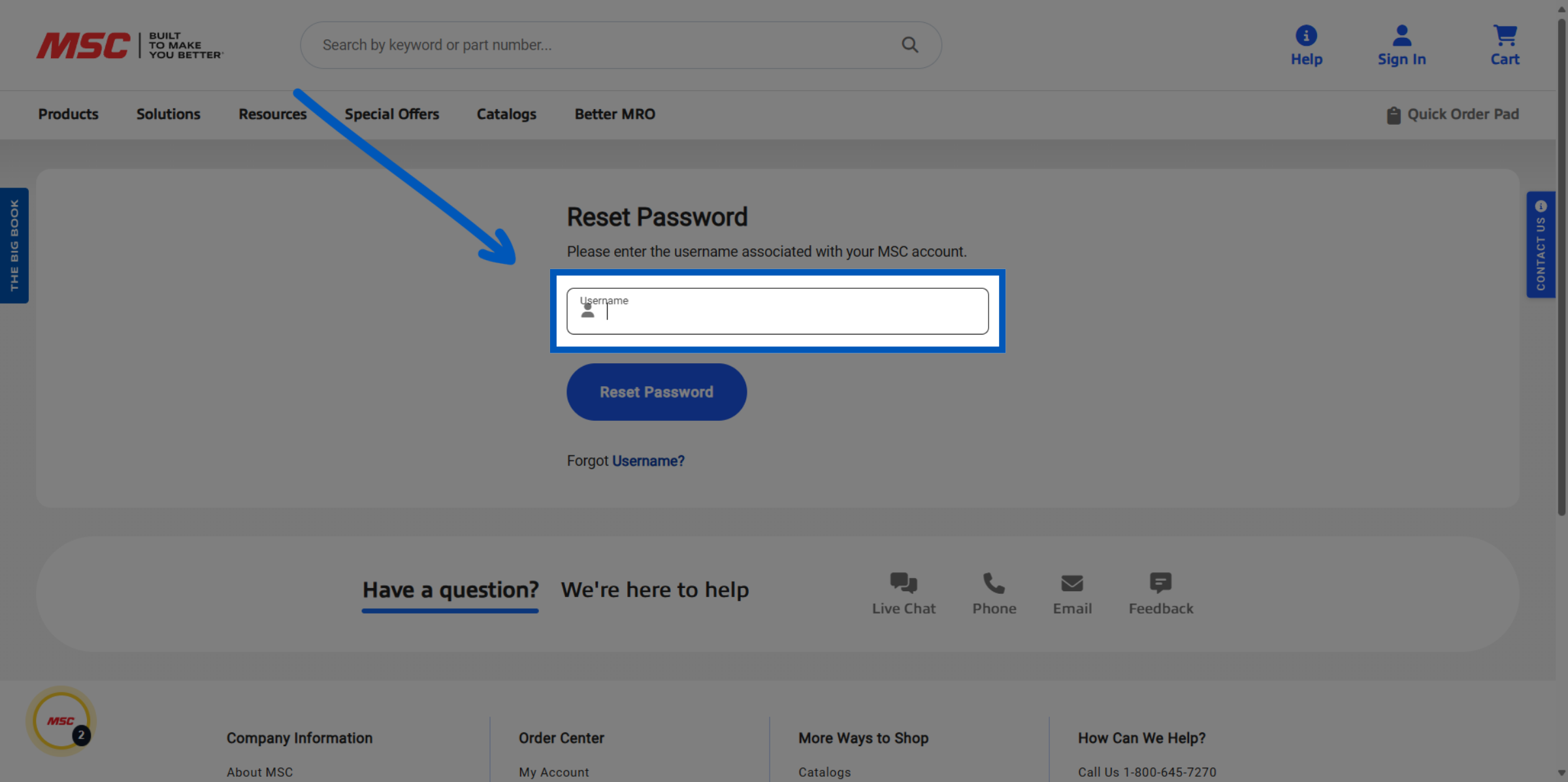 MSC Industrial Direct password reset page with blue arrow pointing to username input field